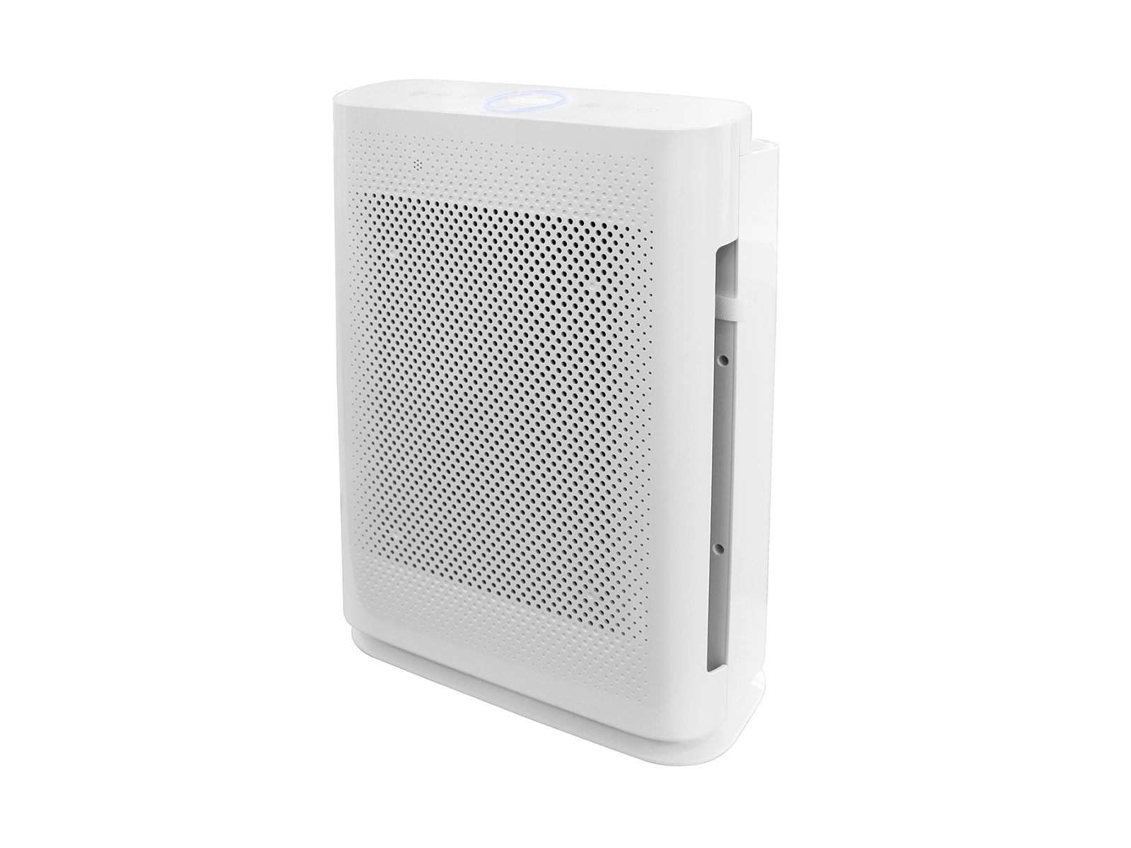Purificador de aire blanco. Tiene muchas rejillas de ventilación y un panel de control arriba.