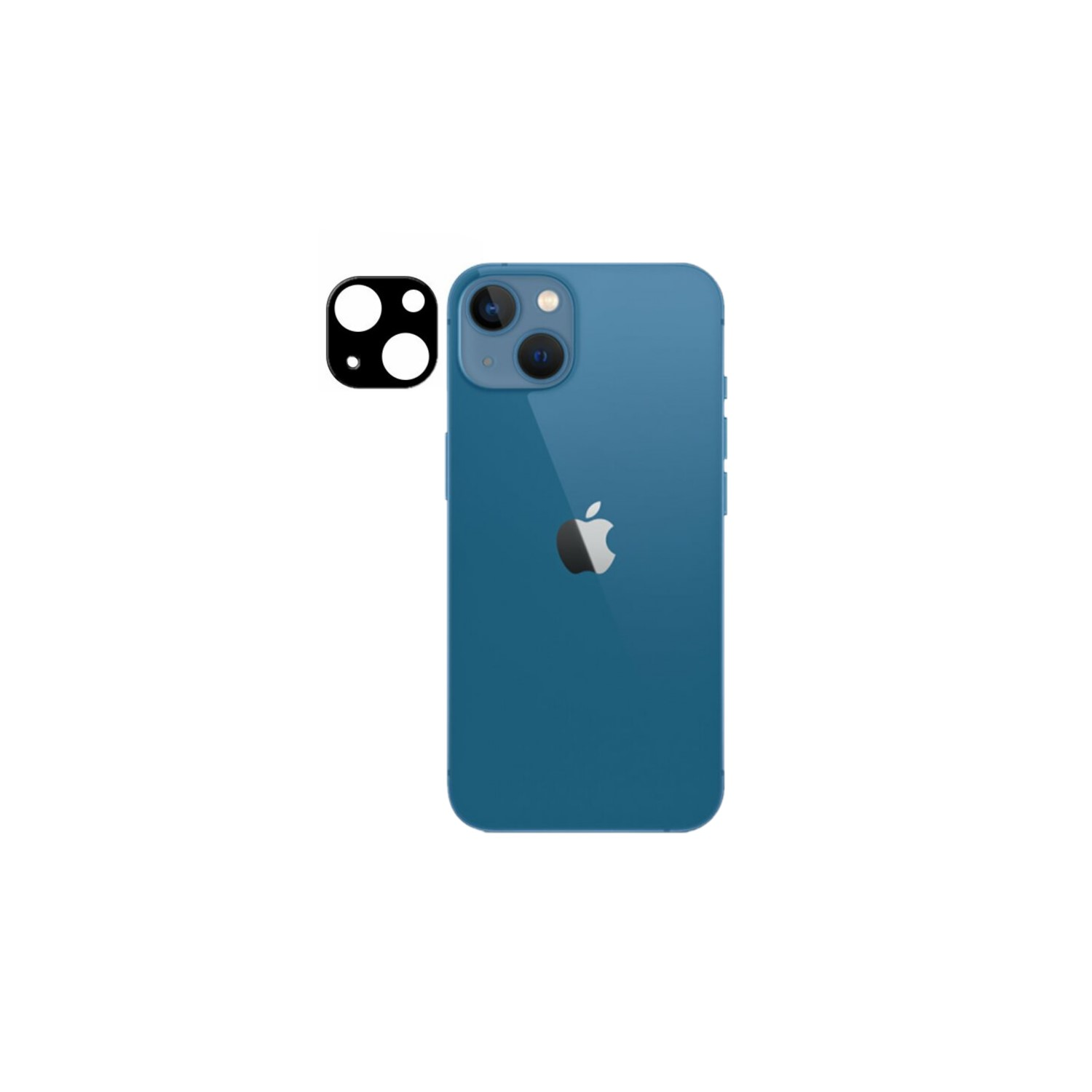 Blaues iPhone mit Kameralinsenschutz daneben, weißer Hintergrund.