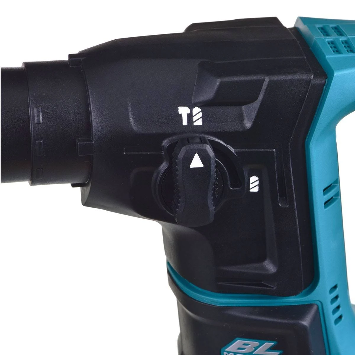 Zbliżenie czarnego i turkusowego elektronarzędzia z pokrętłem. Białe tło.