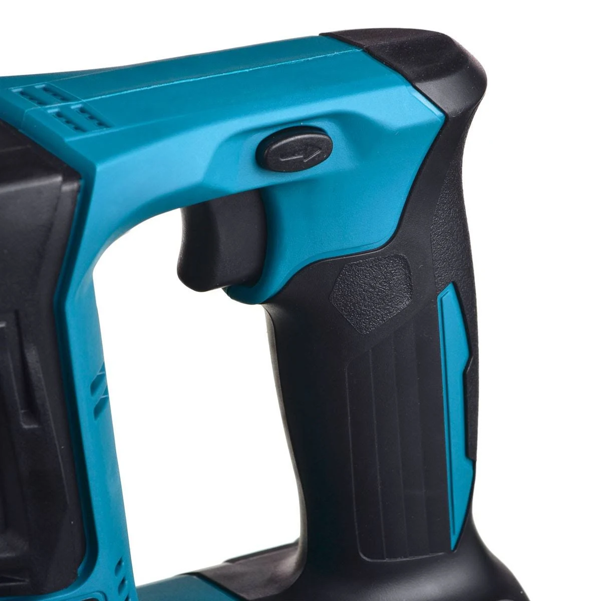 Zbliżenie uchwytu elektronarzędzia w kolorze morskim i czarnym z spustem.