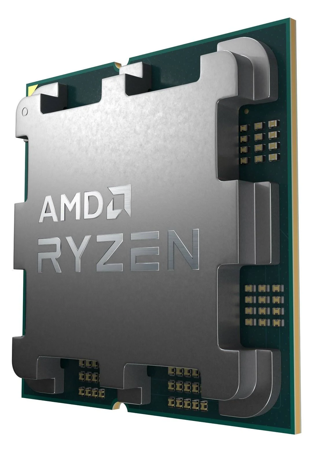 Una CPU AMD Ryzen. Il chip argentato ha 'AMD RYZEN' in grassetto. Il chip è su un circuito stampato verde.
