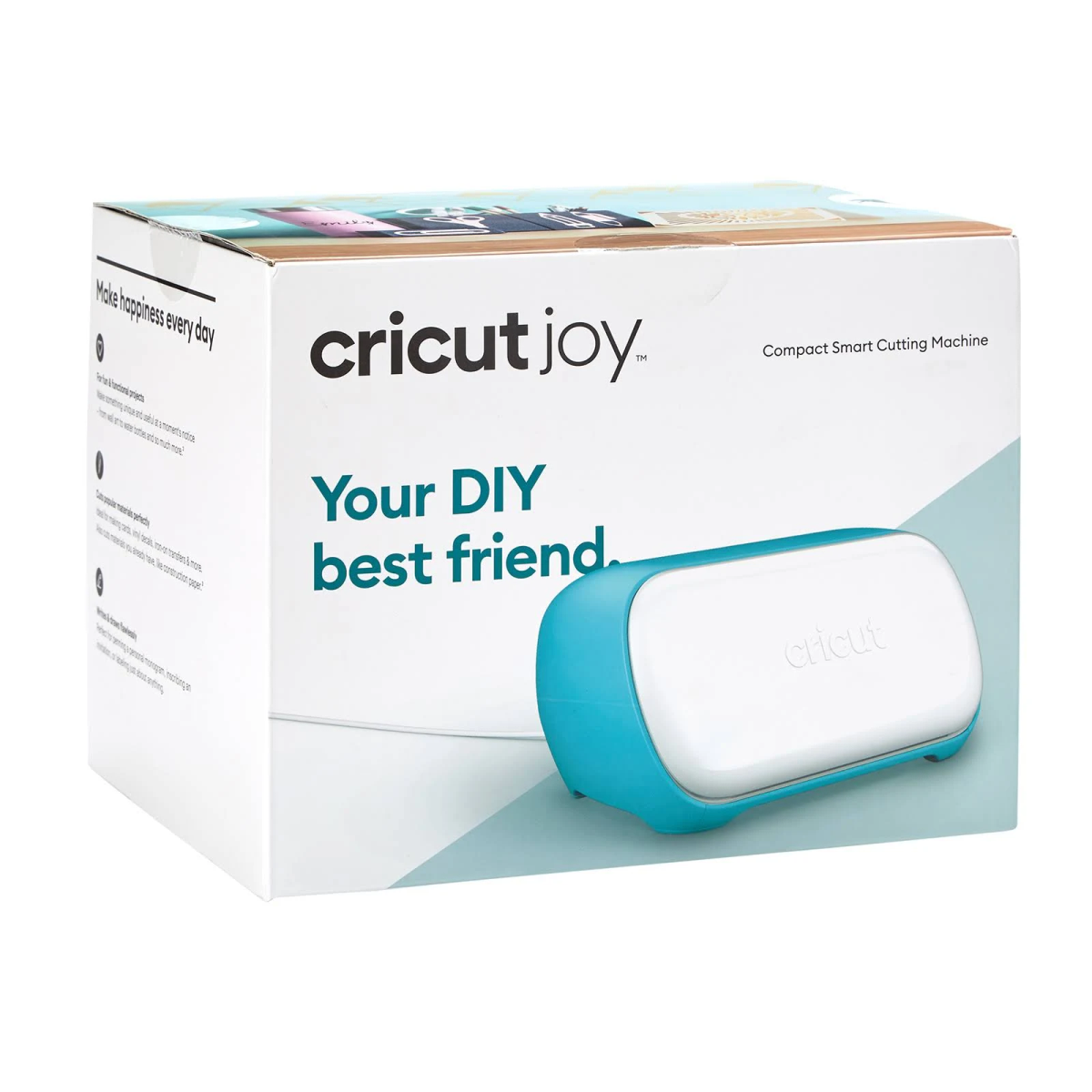Cricut Joy Maschinenkarton. Weiße Box mit blauer Maschine. Text: Dein DIY-bester Freund.