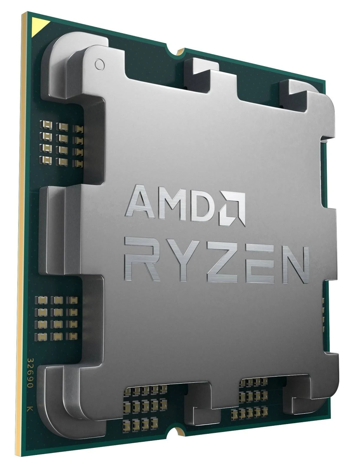 Processore AMD Ryzen. Chip argentato con logo AMD Ryzen su circuito verde.