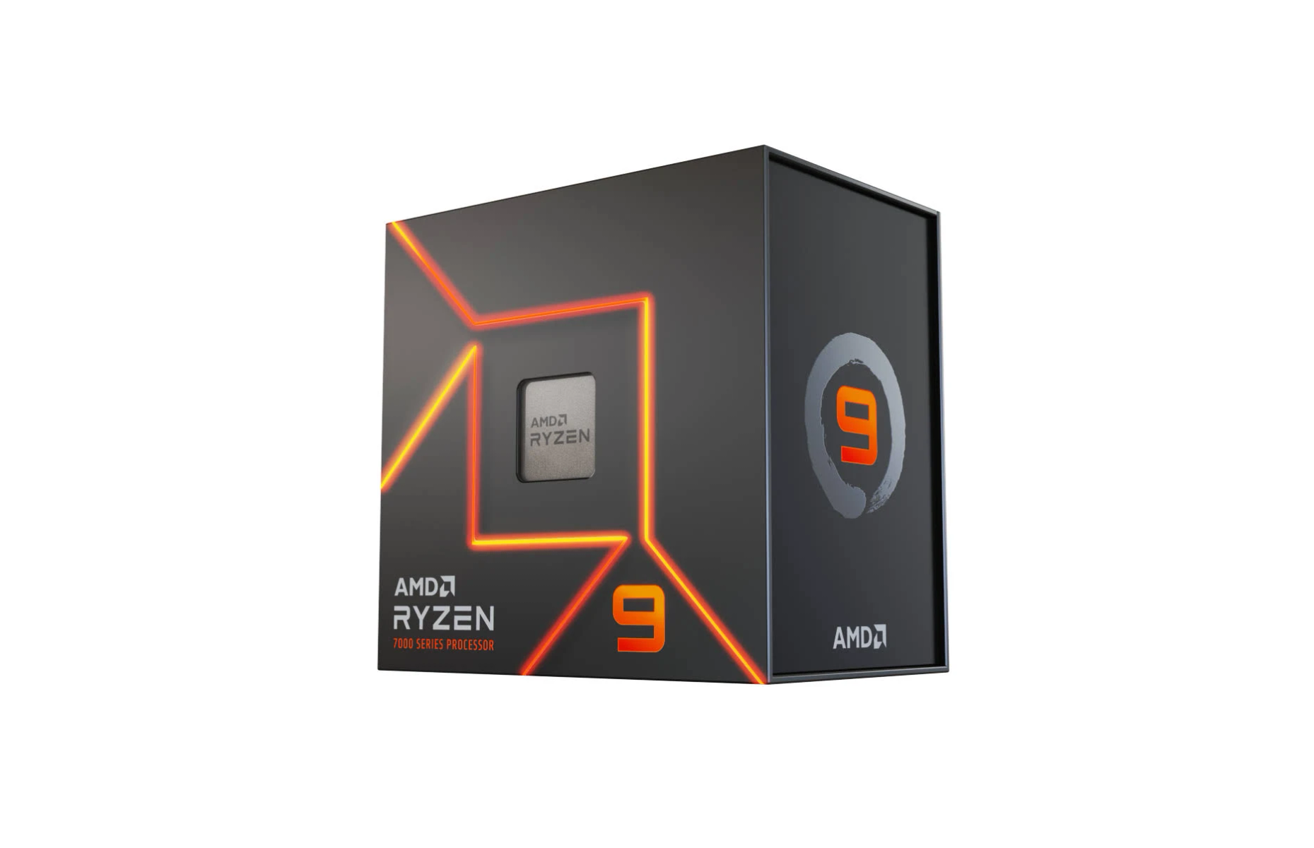 Scatola del processore AMD Ryzen 9 nera. Il logo AMD Ryzen 9 è sulla parte anteriore.