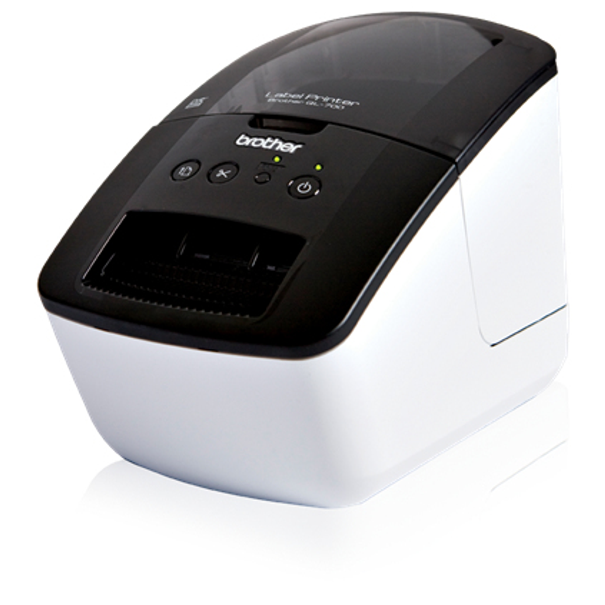 Brother labelprinter, zwart-wit. Knoppen en labeluitvoer zichtbaar.