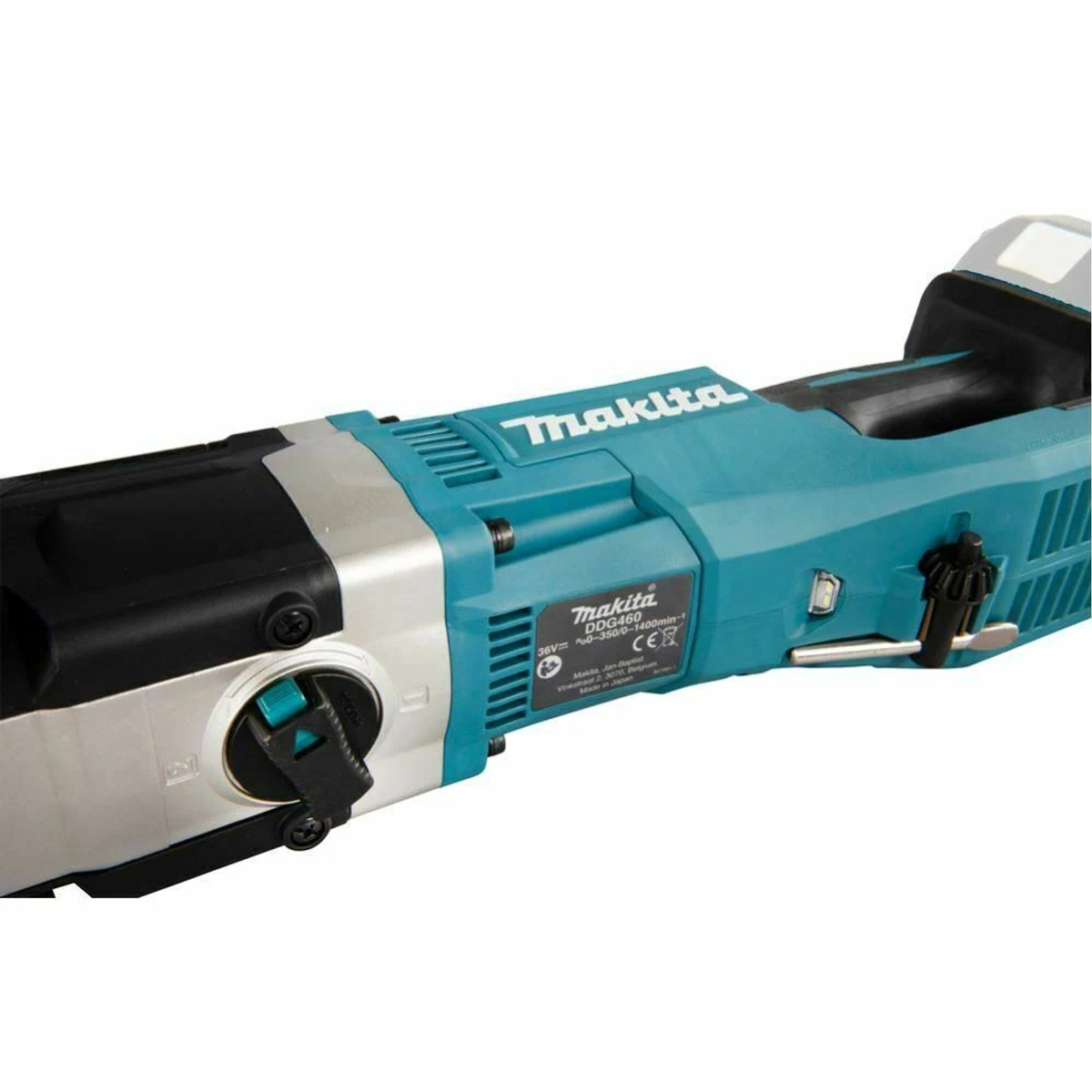 Ein Makita-Elektrowerkzeug. Das Werkzeug ist türkis und schwarz mit dem Makita-Logo an der Seite.