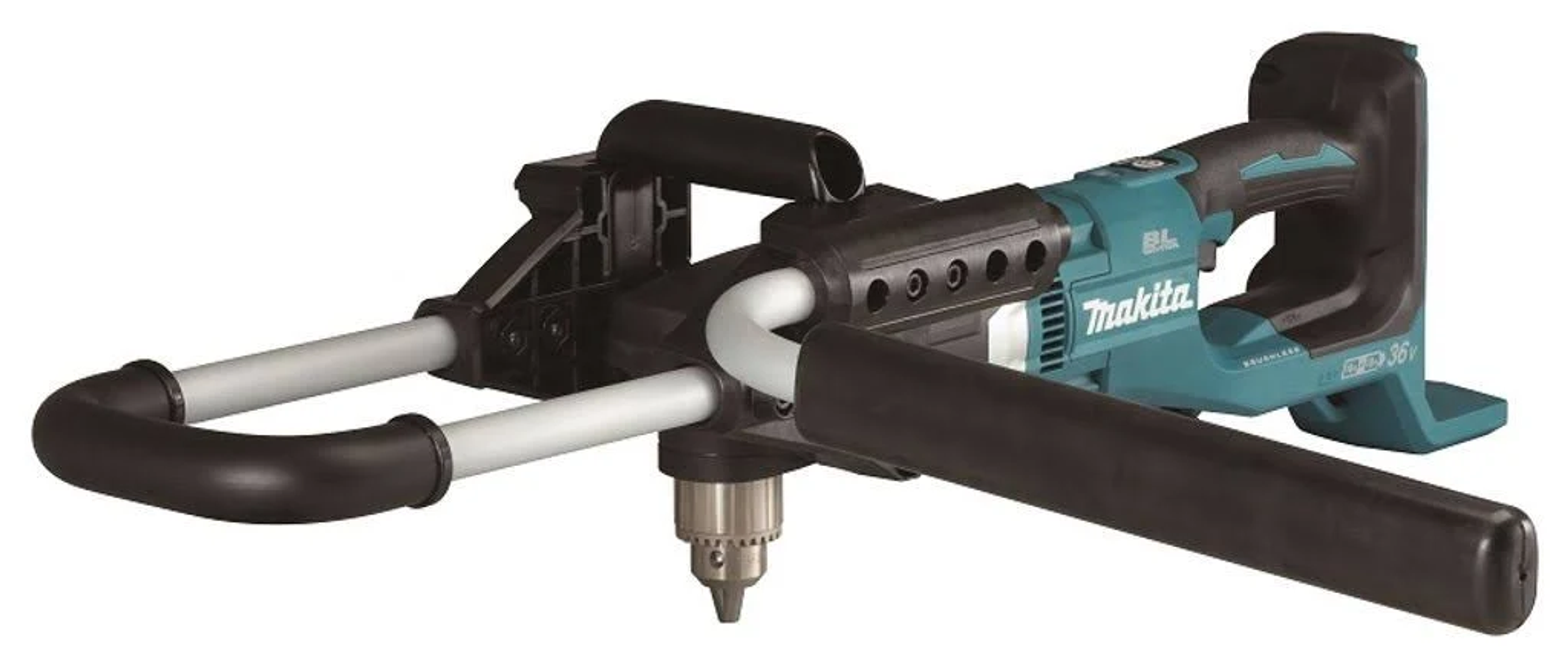 Eine türkisblaue Makita-Bohrmaschine mit schwarzen Griffen. Es ist ein Elektrowerkzeug mit Akku und Bohrer.