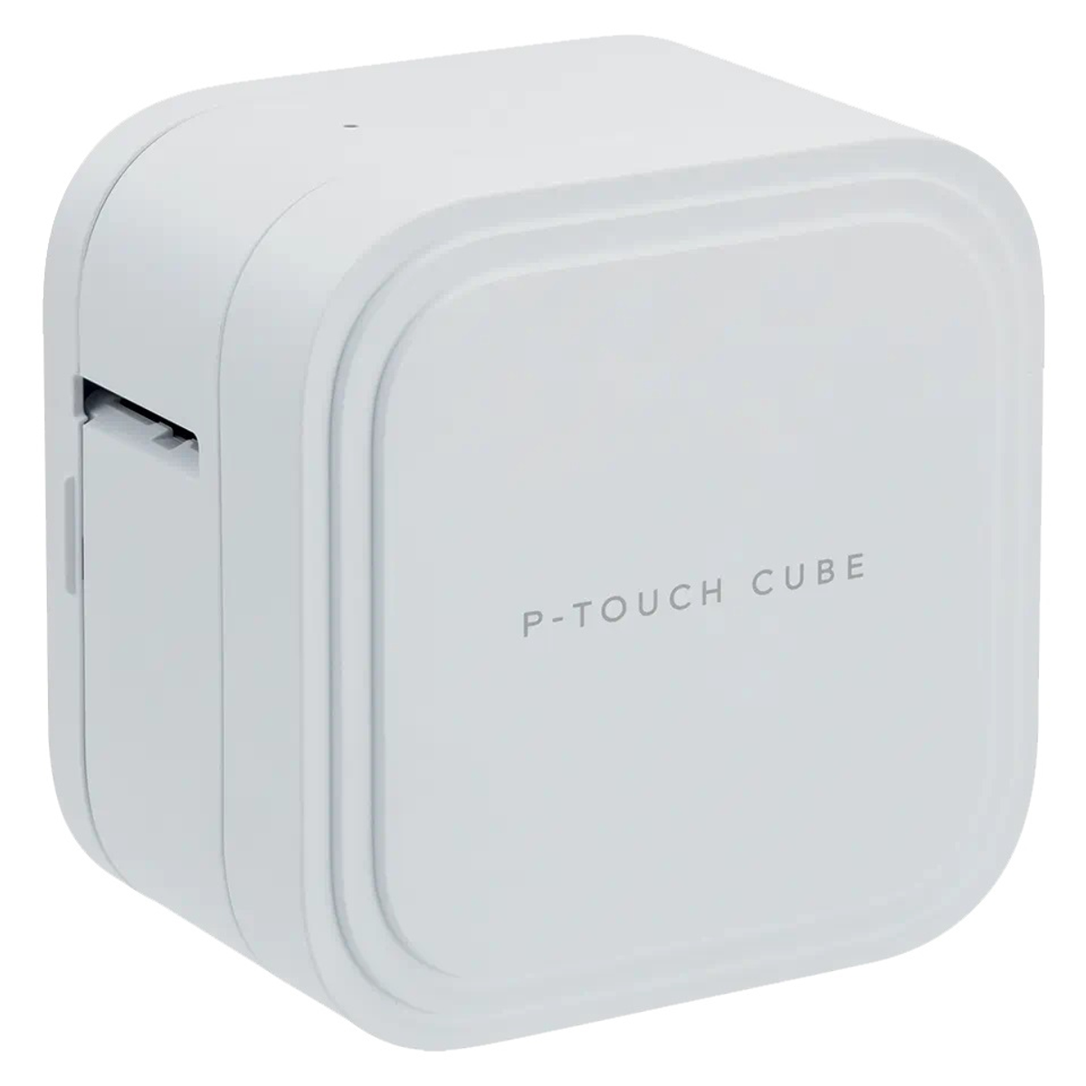 Weißer P-touch Cube Etikettendrucker auf weißem Hintergrund. Das Gerät ist würfelförmig.