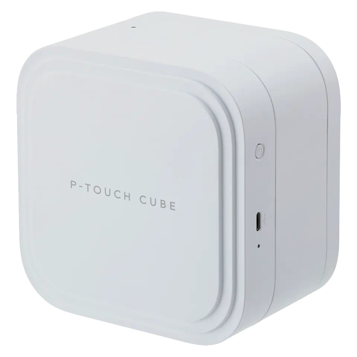 Weißer P-Touch Cube Etikettendrucker. Der Hintergrund ist weiß.