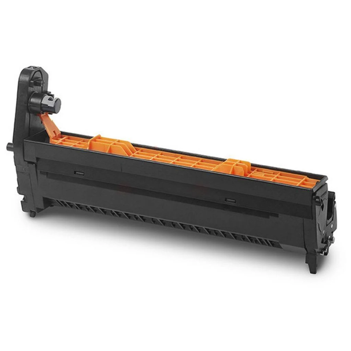 Una cartuccia toner nera con componenti interni arancioni su sfondo bianco.