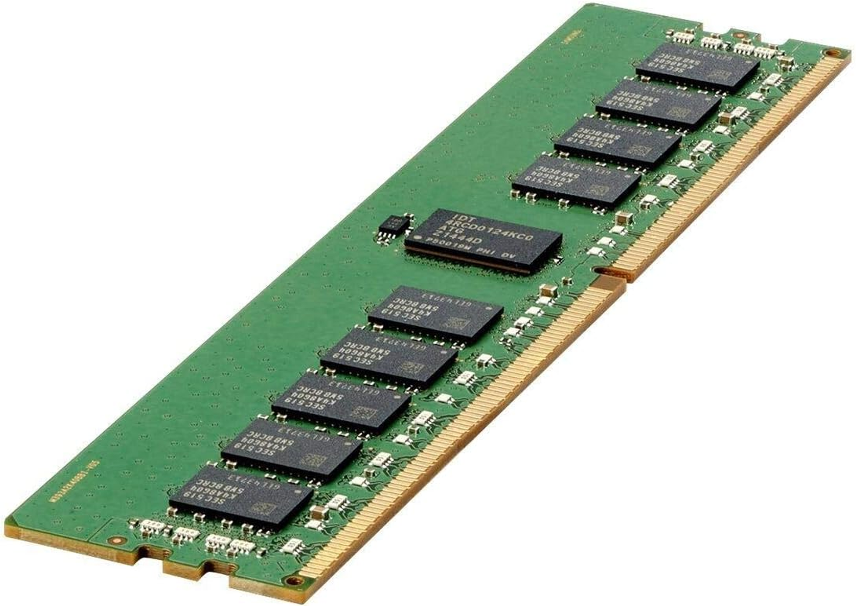 Memoria RAM verde con chips, conectores y un componente central.