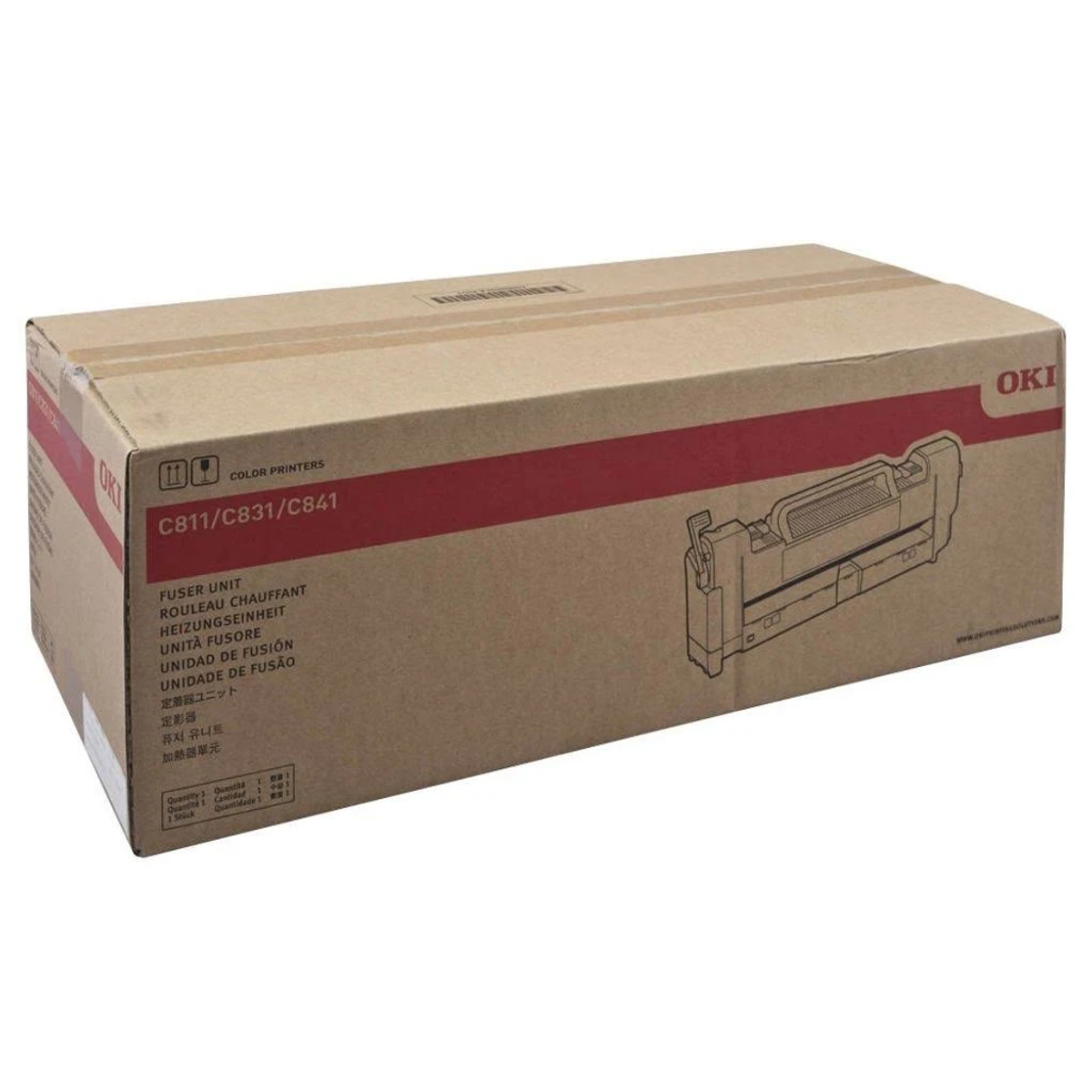 OKI Fuser Unit C811/C831/C841 için karton kutu, ürün çizimiyle.
