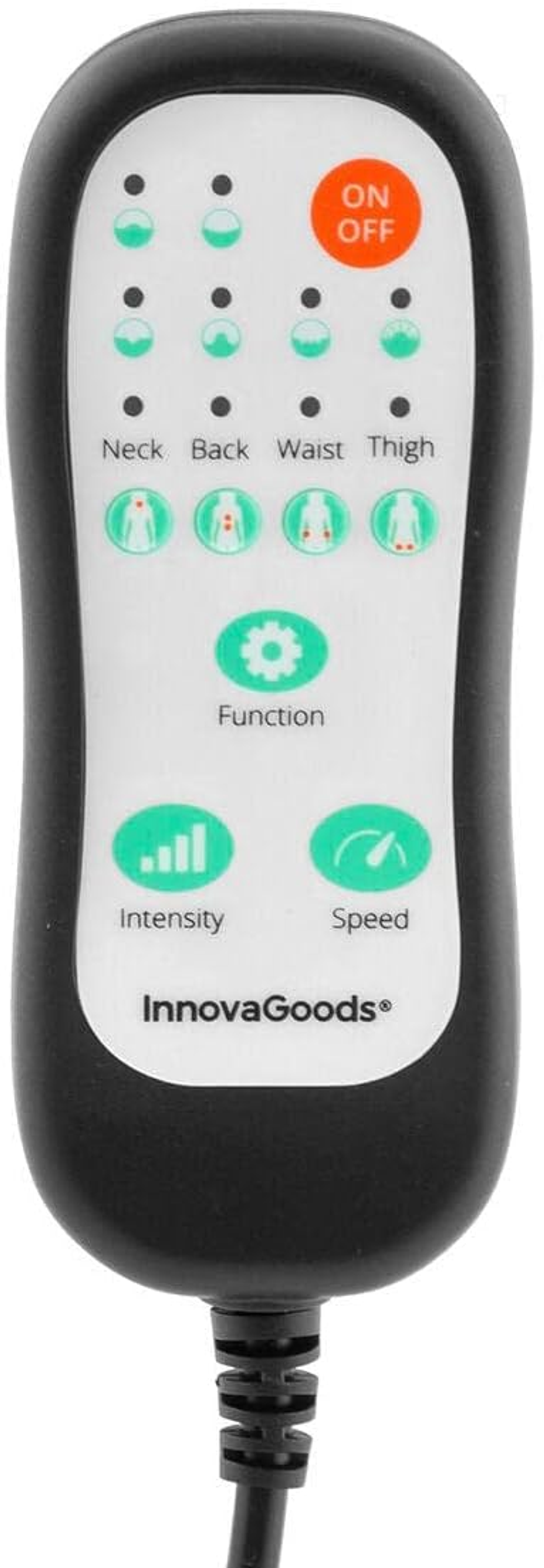 Masajeador de mano negro con botones para cuello, espalda, cintura y muslo. Tiene controles de intensidad y velocidad.