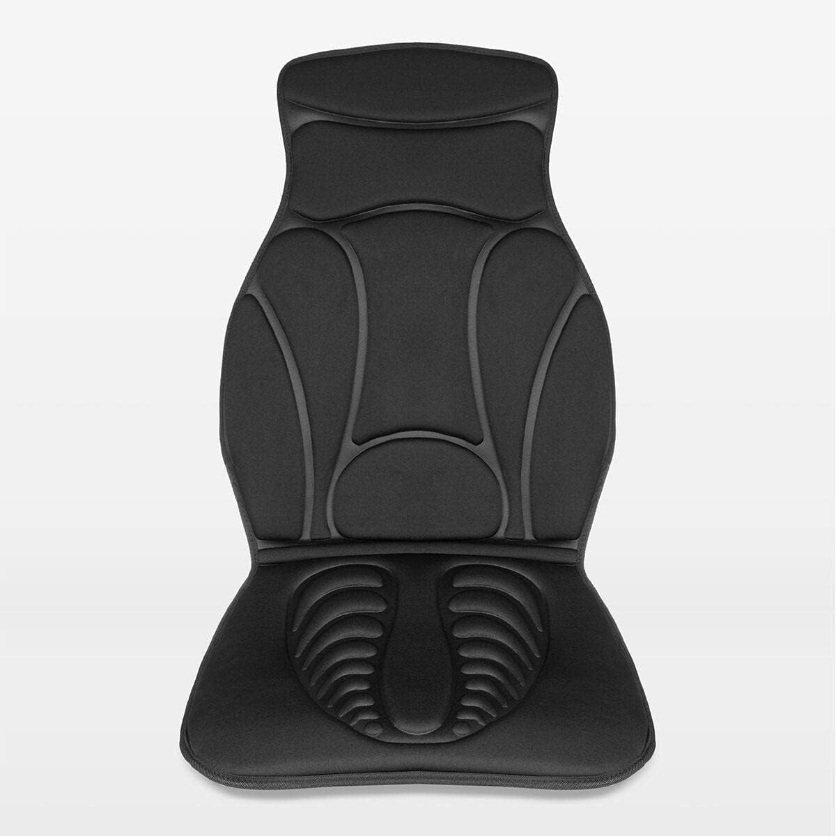Un cojín de asiento negro con diseño curvo, con reposacabezas y sección para los pies.