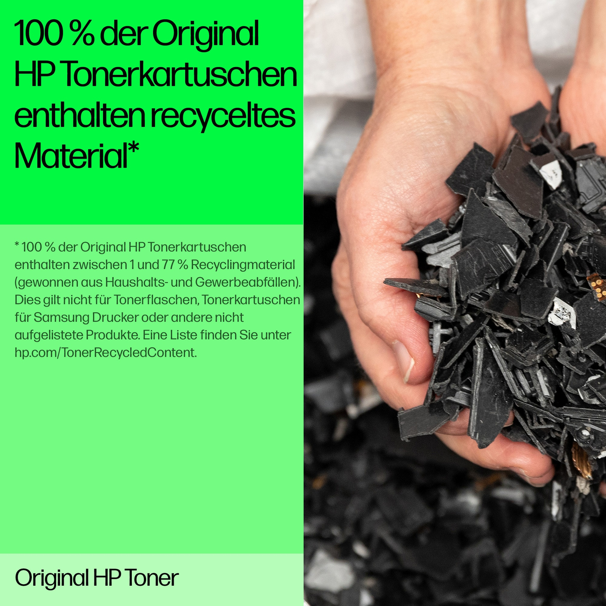 Mani tengono pezzi neri tritati, testo verde su materiale riciclato a sinistra.