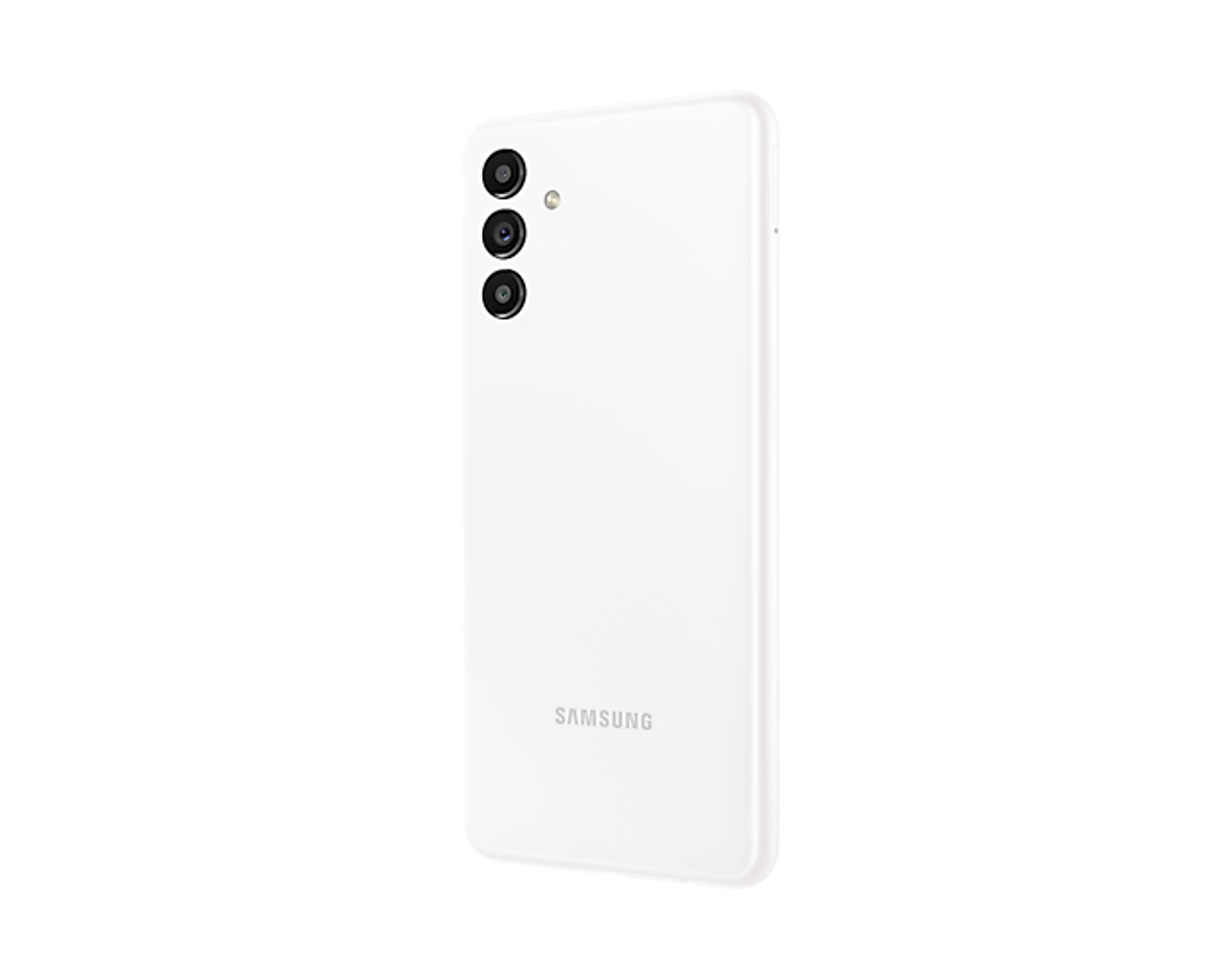 Weißes Smartphone, Rückansicht, drei Kameras und SAMSUNG-Logo unten.