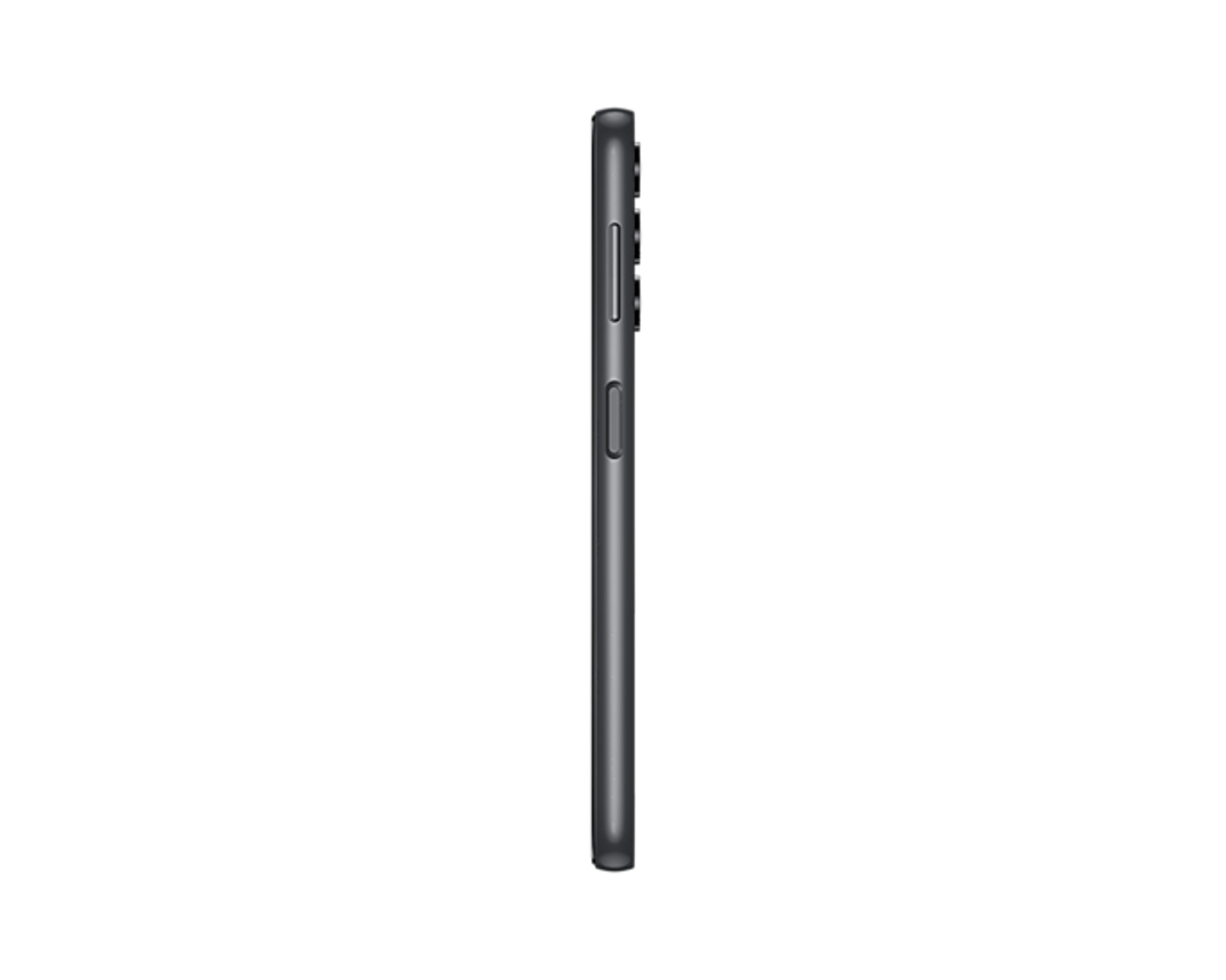 Die Seitenansicht eines dunkelgrauen Smartphones. Das Telefon befindet sich auf weißem Hintergrund.