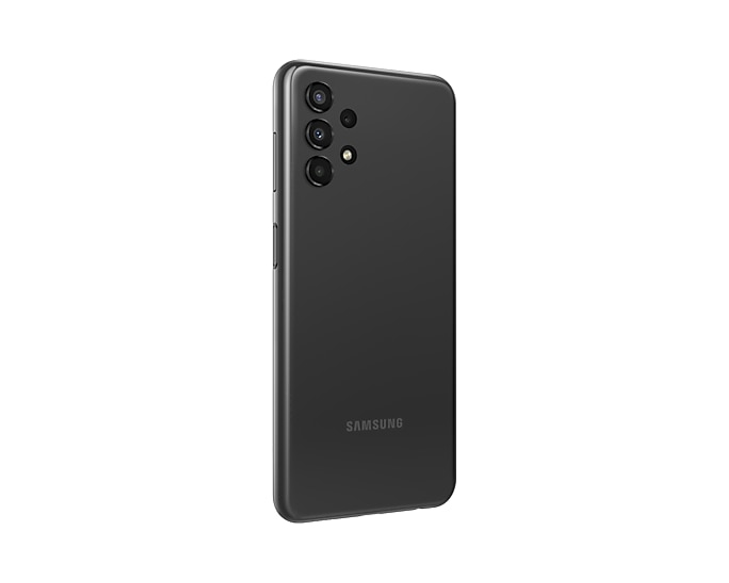 Un telefono Samsung nero. La parte posteriore del telefono è visibile, con tre fotocamere e il logo Samsung.
