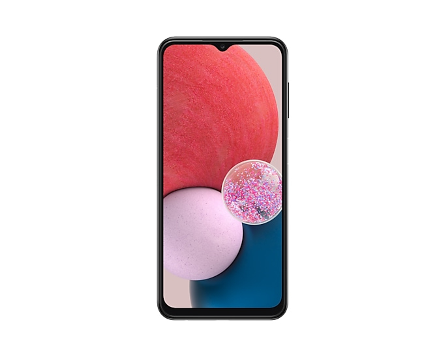 Smartphone moderno con sfondo astratto rosso e rosa. Il telefono ha una cornice nera. Il display mostra una bolla.