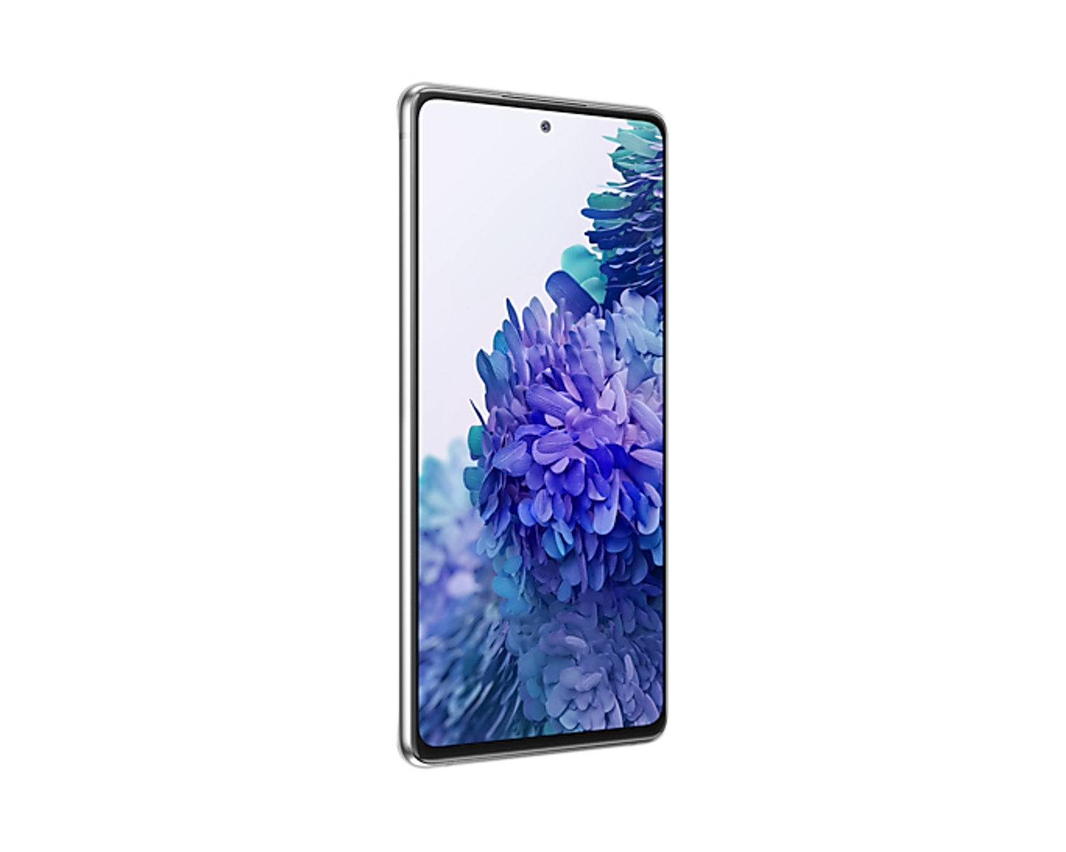Ein Smartphone in Seitenansicht. Der Bildschirm zeigt ein verschwommenes, abstraktes Muster in Lila und Blau auf weißem Grund.