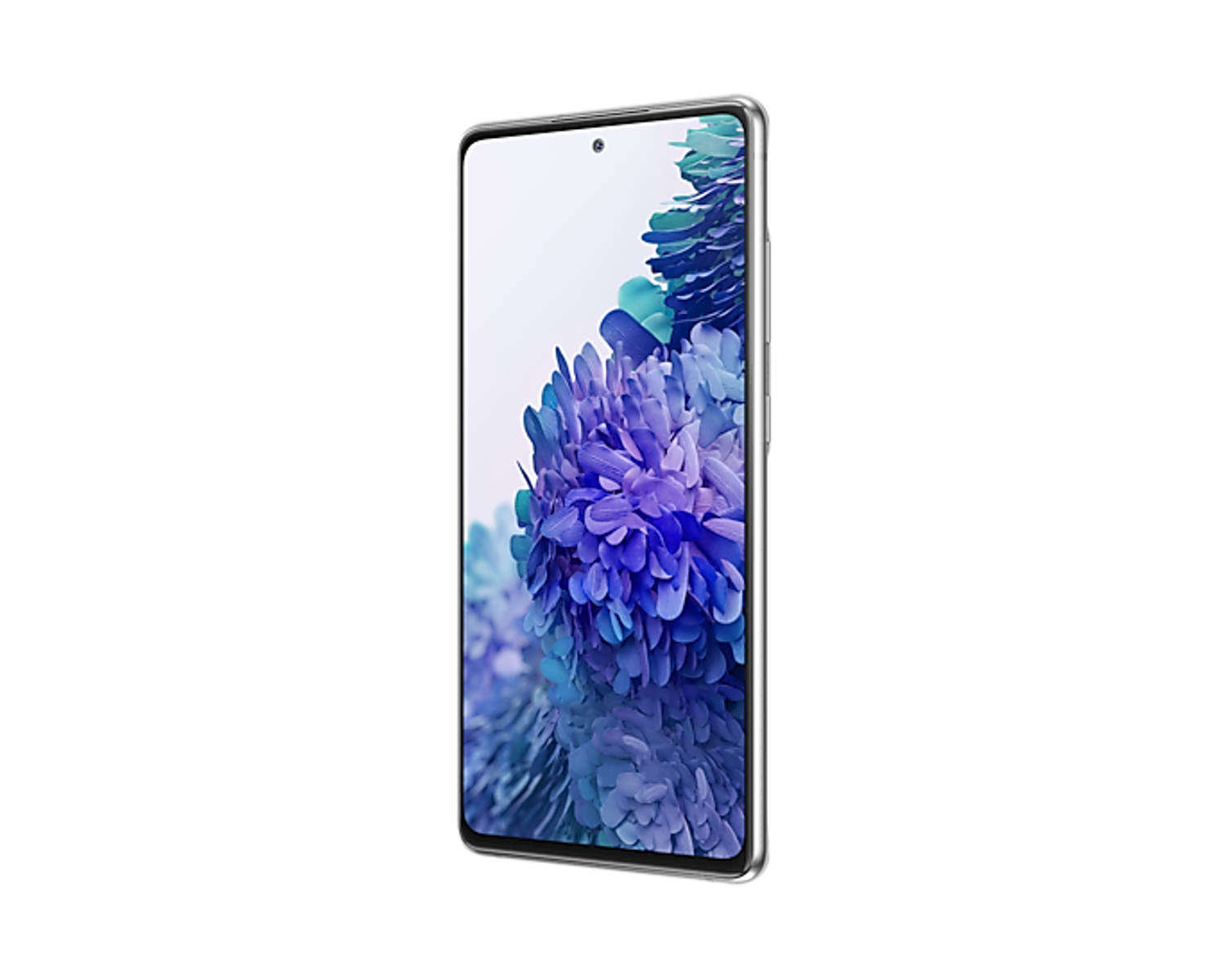 Smartphone mit blauen Blumen auf dem Bildschirm. Es ist auf weißem Hintergrund.