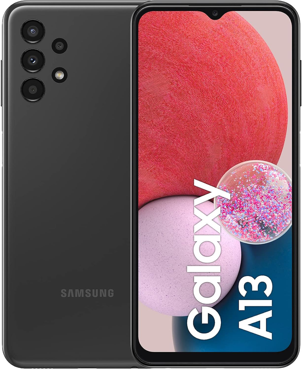 Schwarzes und graues Samsung Galaxy A13. Vorderansicht: rot und rosa. Rückansicht: drei Kameras.