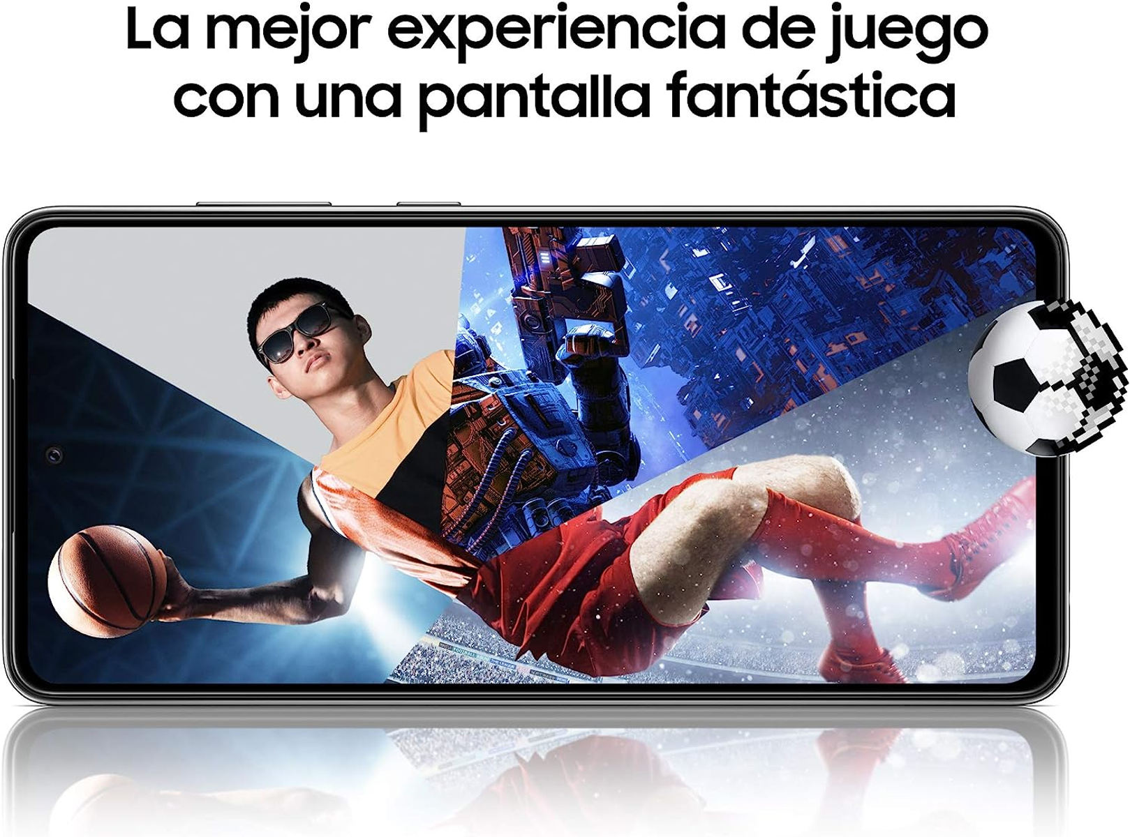 Ekran telefonu wyświetla piłkarza i koszykarza. Tekst mówi: 'Najlepsze wrażenia z gry'.