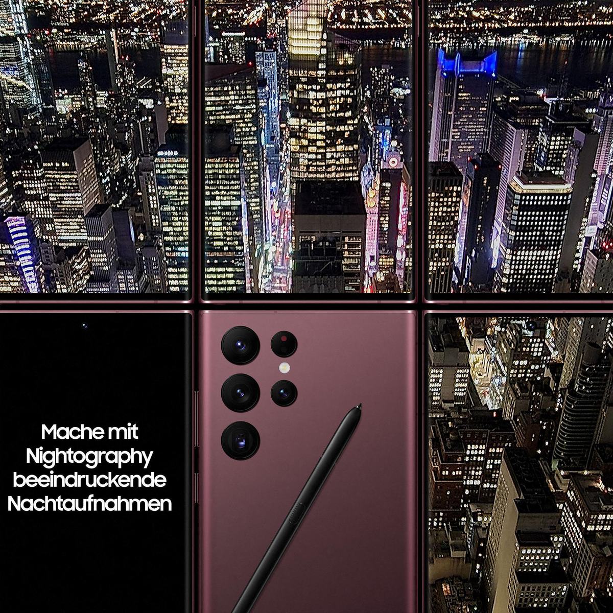 Telefon i światła miasta w nocy. Tekst: 'Nightography' i niemiecki tekst.