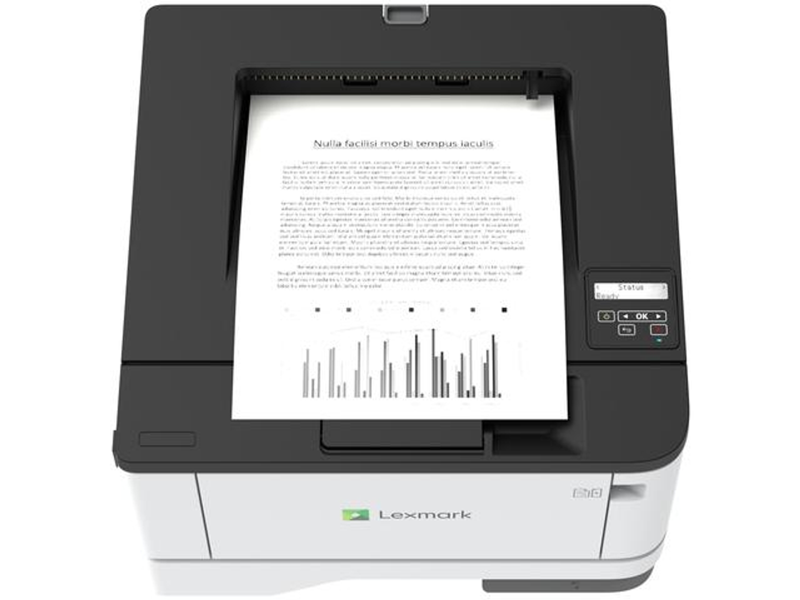 Una stampante Lexmark che stampa un documento con un grafico a barre su sfondo bianco.