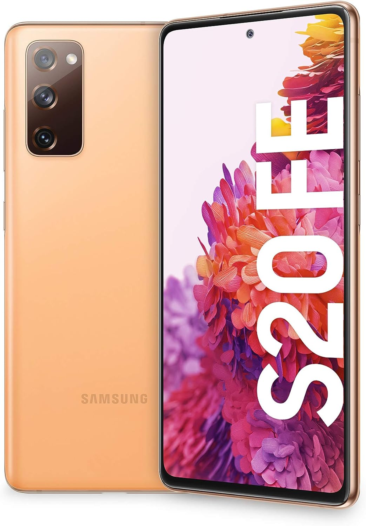 Złoty telefon Samsung S20 FE, z dwoma aparatami z tyłu i ekranem pokazującym kwiatowy wzór.