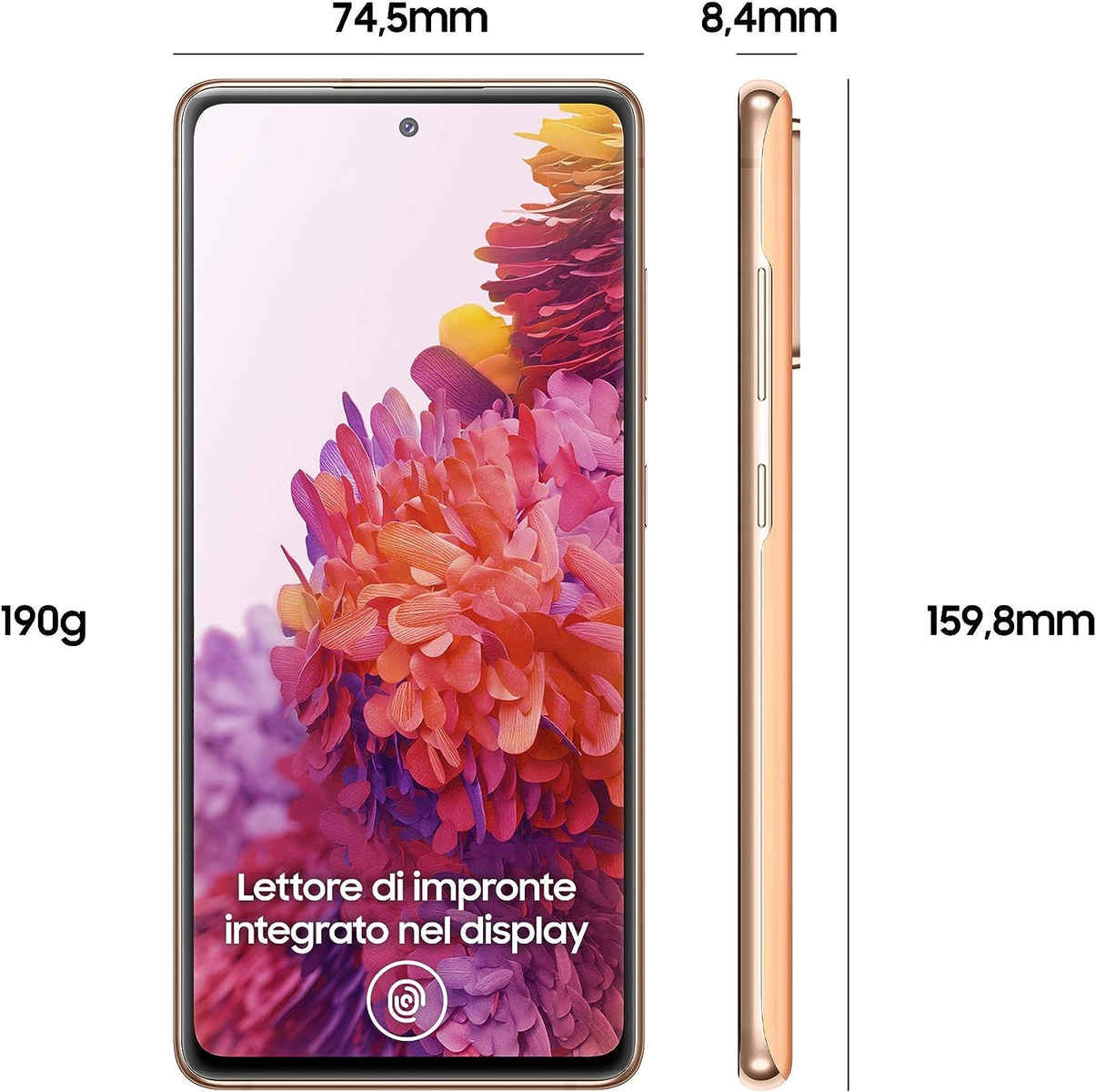 Telefon z wymiarami: 159,8 mm wysokości, 74,5 mm szerokości, 8,4 mm grubości i 190 g wagi.