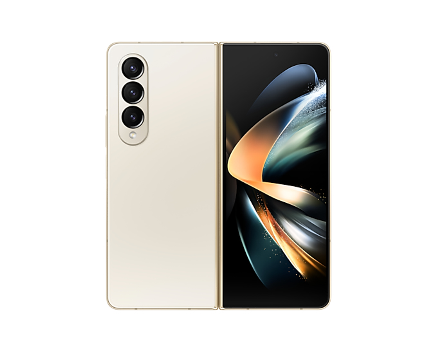 Złoty składany telefon, otwarty, pokazujący ekran z aplikacjami. Tył pokazuje układ aparatu. Białe tło.