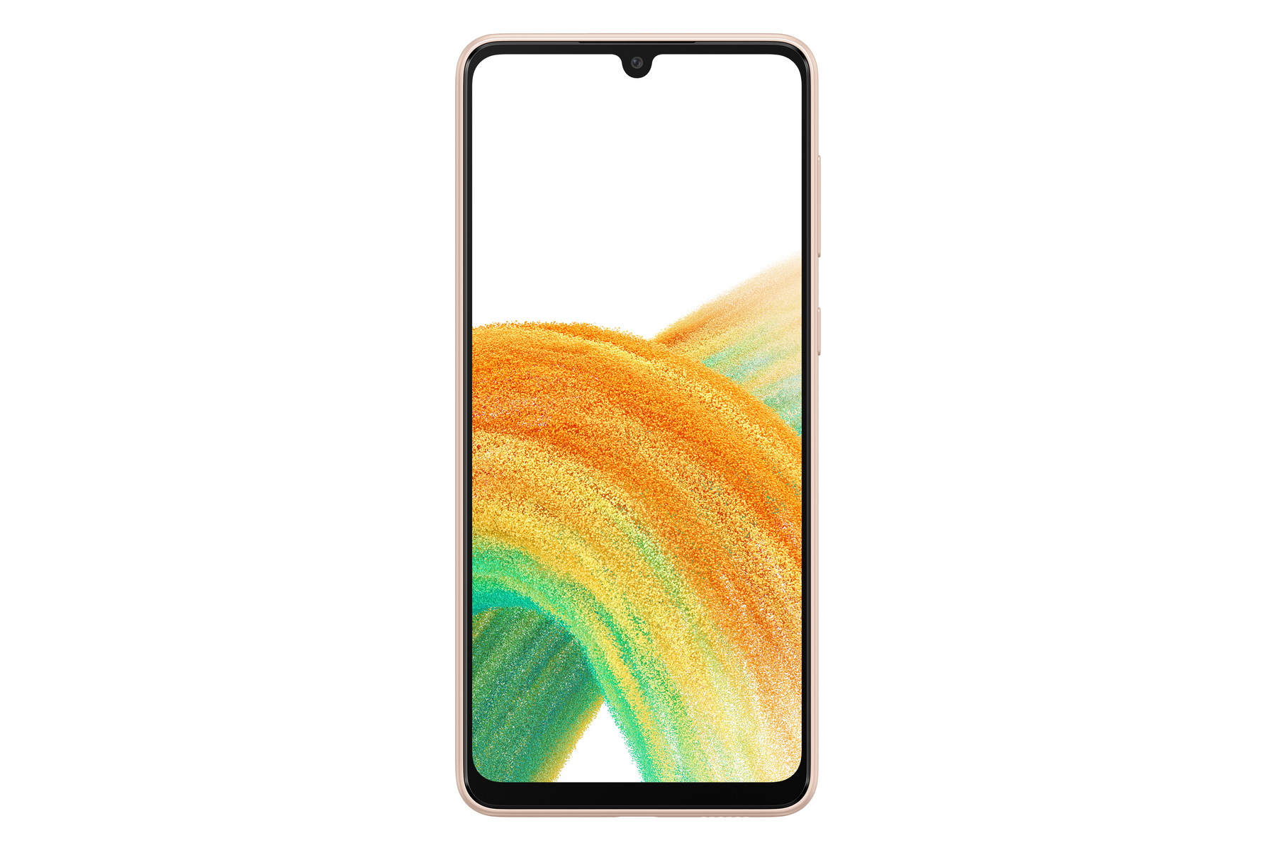 Telefon ze złotą ramką z dużym ekranem, wyświetlający sztukę abstrakcyjną.