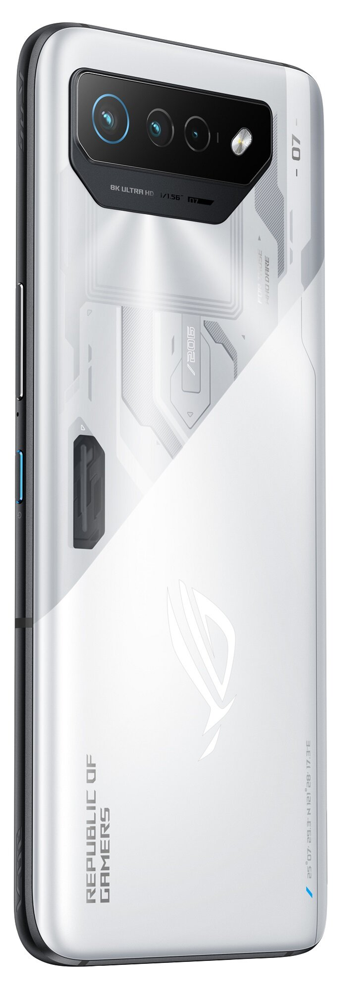 Weißes Telefon von ROG. Die Rückseite des Telefons ist sichtbar.