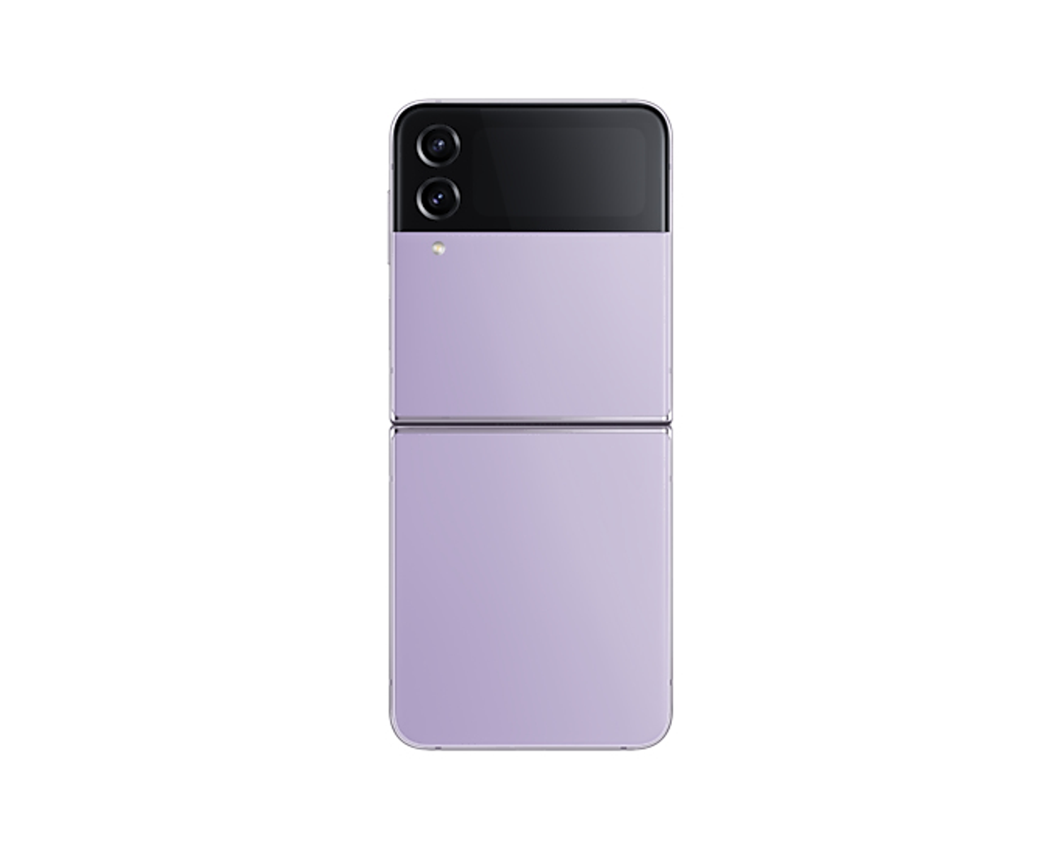 Un teléfono plegable púrpura, abierto, que revela una pantalla. Fondo blanco.
