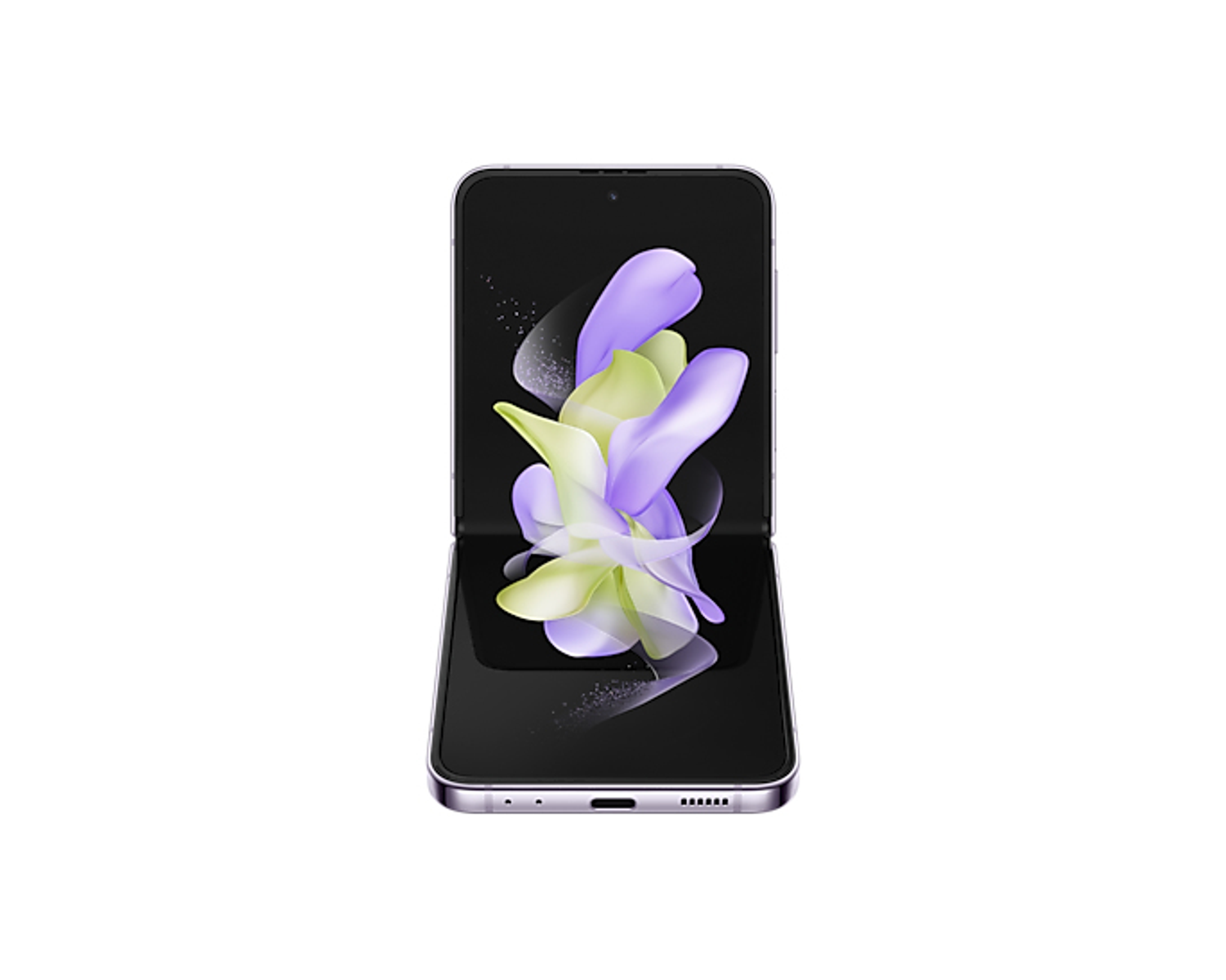 Un teléfono púrpura plegado, con un diseño único y un fondo blanco.