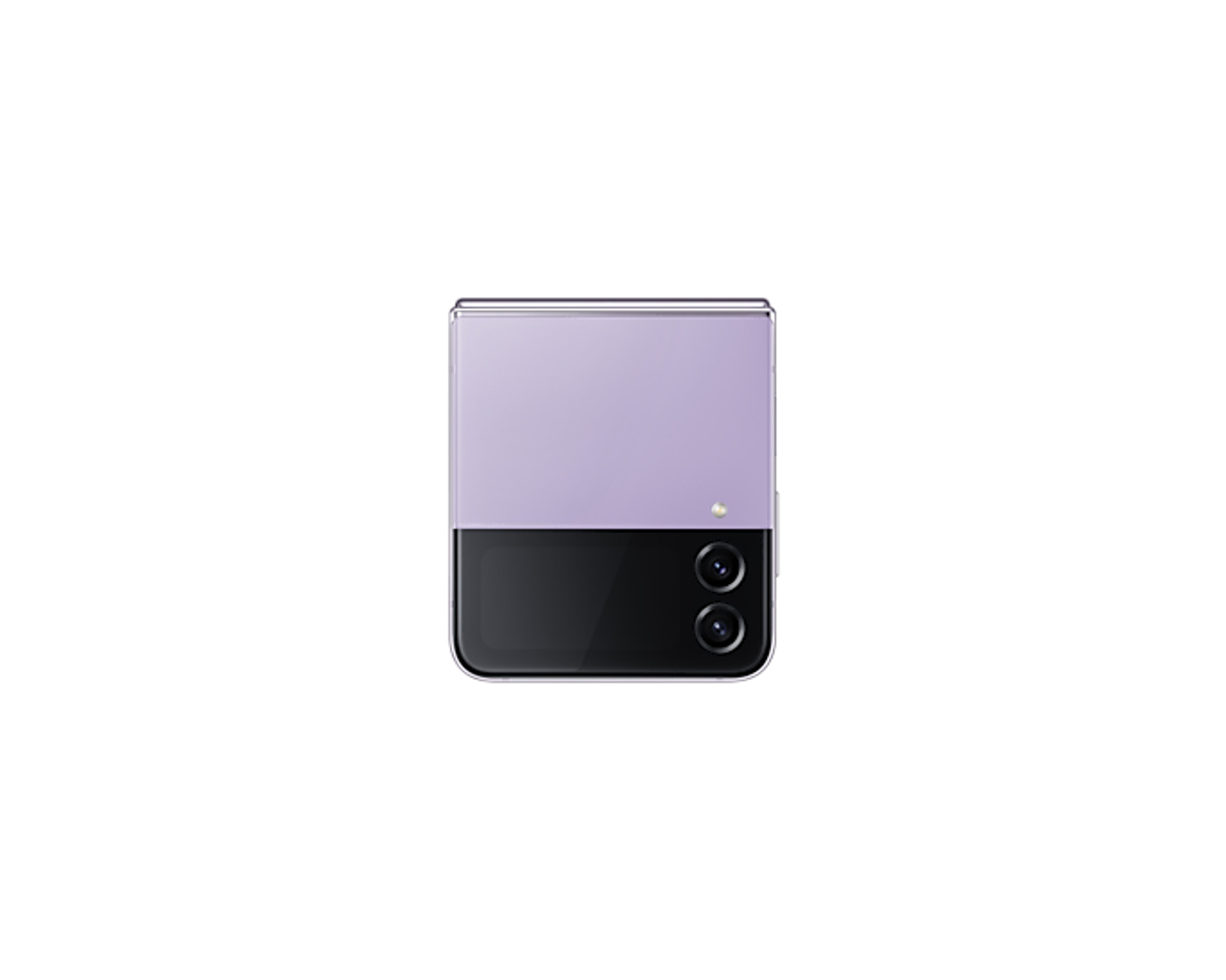 Un teléfono cerrado, de color lila. El teléfono está plegado por la mitad. Se ven dos lentes.
