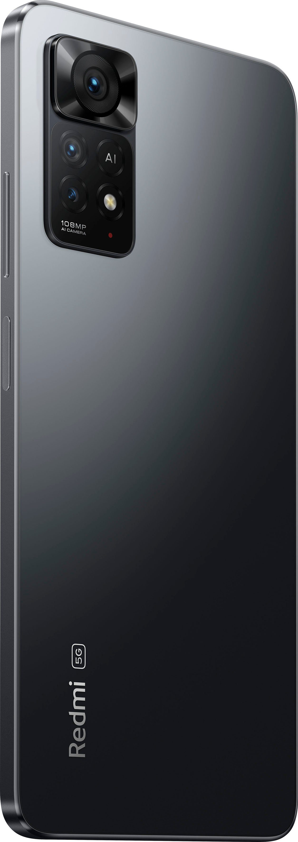 Un teléfono gris oscuro con una cámara en la parte trasera. La palabra Redmi está escrita en la parte trasera.