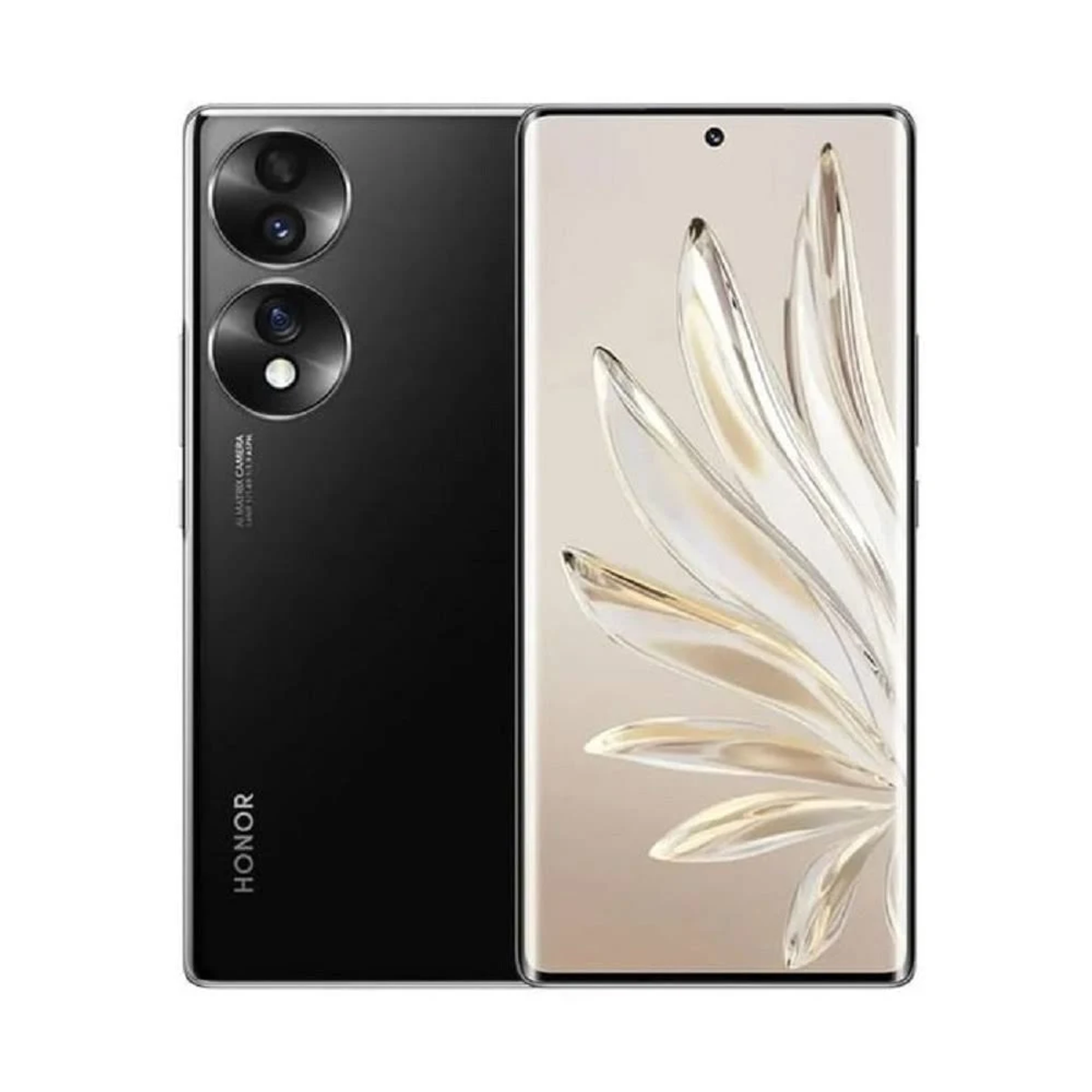 Zwarte en zilveren HONOR-telefoon. Achterkant van de telefoon met camerabult. Scherm aan. Witte achtergrond.