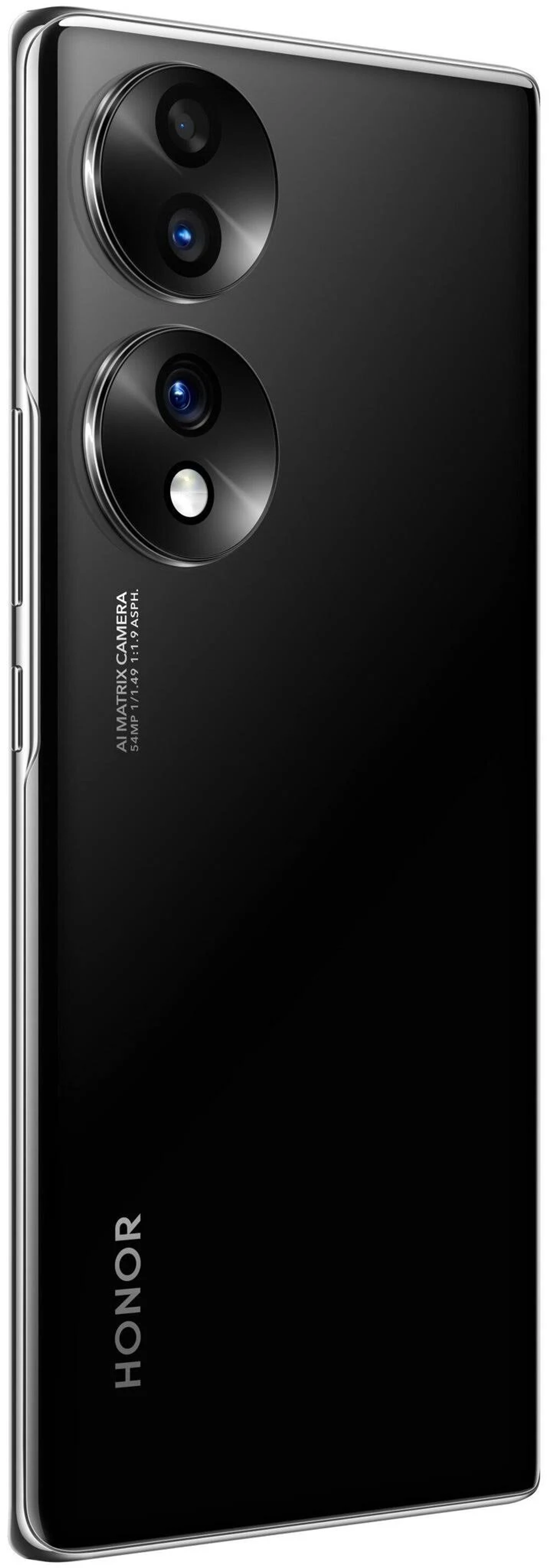 Zwarte HONOR-telefoon, zijaanzicht. Toont de camerabult en de HONOR-branding.