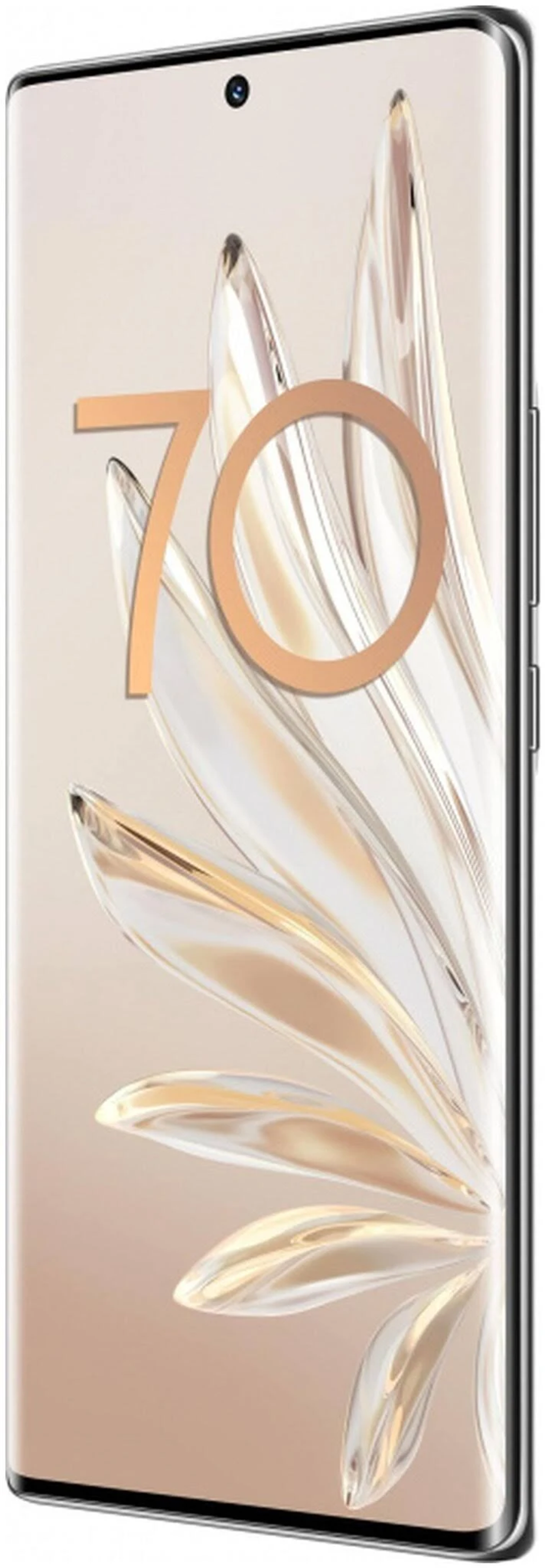 HONOR-telefoon, schuine vooraanzicht. Toont het scherm met het nummer 70. Witte achtergrond.