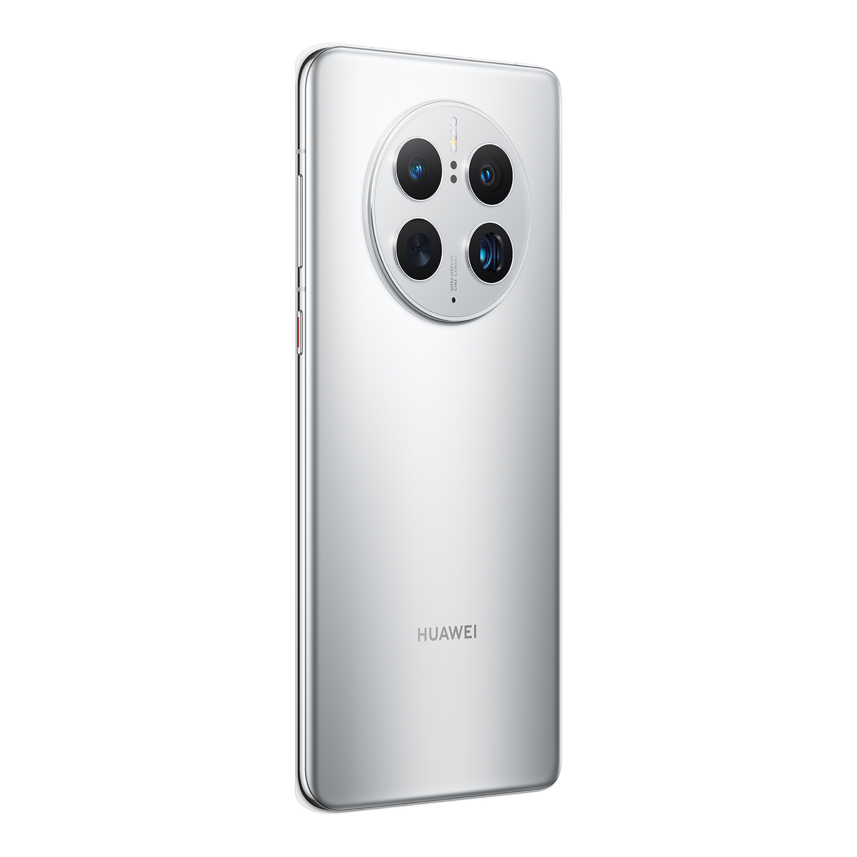 Un teléfono plateado con múltiples lentes de cámara en la parte trasera y el logotipo de Huawei.