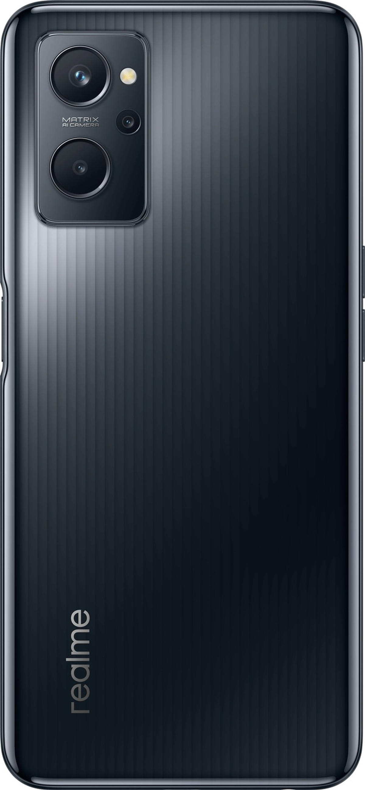 Ein schwarzes Telefon mit Kameraanordnung. Das Wort 'realme' steht unten auf dem Telefon.