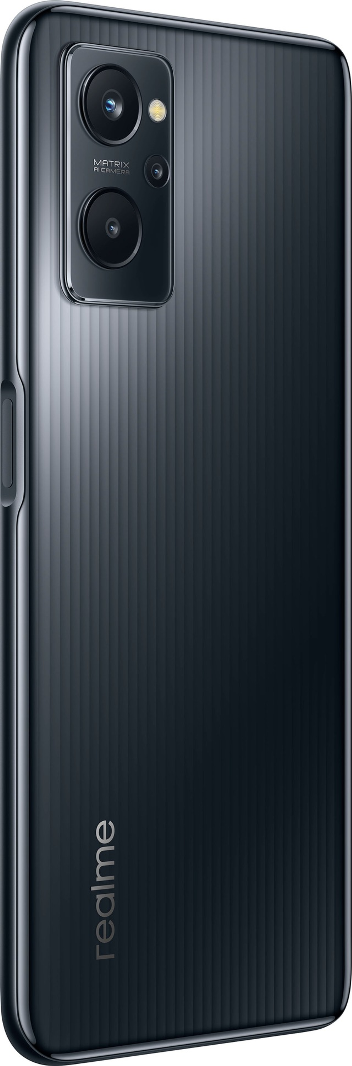 Schwarzes Telefon mit Dreifachkamera und Realme-Logo unten.