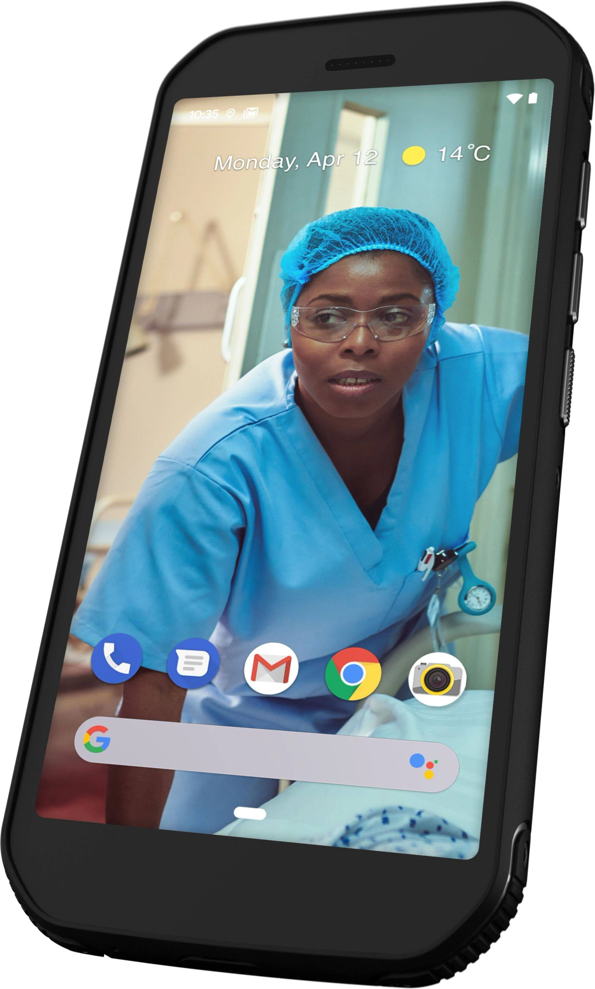 Smartphone, der eine medizinische Fachkraft anzeigt. Das Telefon befindet sich in einer schwarzen Hülle. Symbole unten.