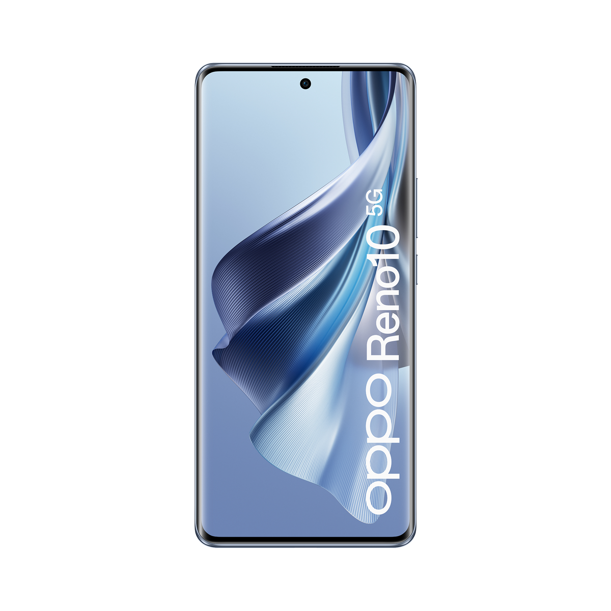 Telefon Oppo Reno10 5G, z niebieskim tłem gradientowym, wyświetlający markę Oppo.