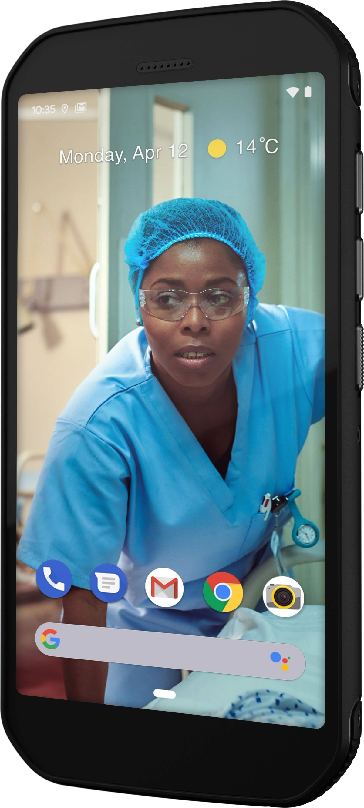 Smartphone mit einer Krankenschwester in blauer Arbeitskleidung. App-Symbole unten.