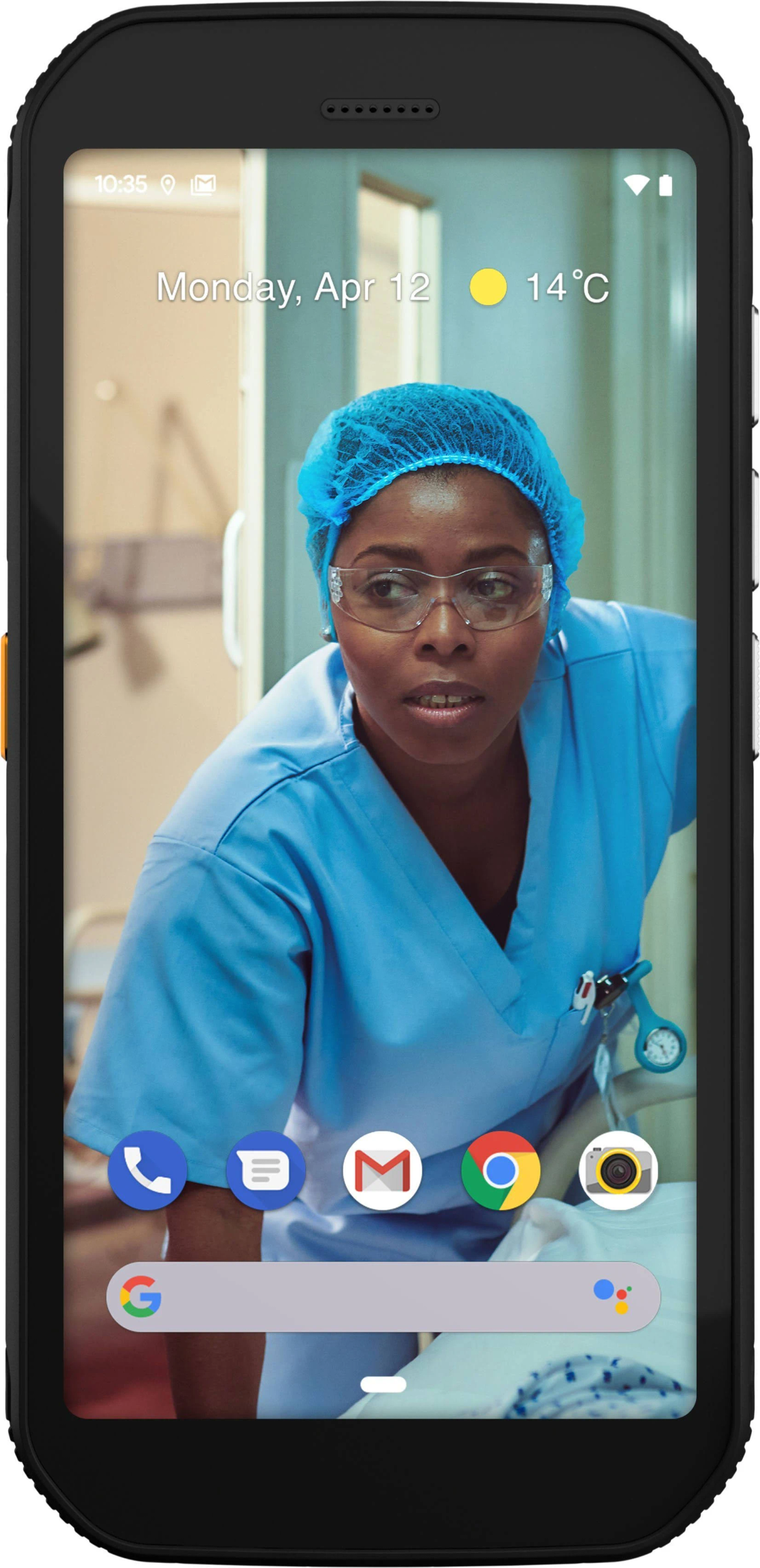 Telefon im Case, Krankenschwester auf dem Bildschirm, Krankenhaus.