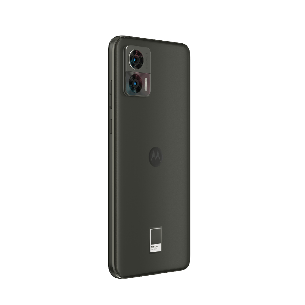 Achterkant van een donkergroene Motorola-telefoon met dubbele camera's en een logo.