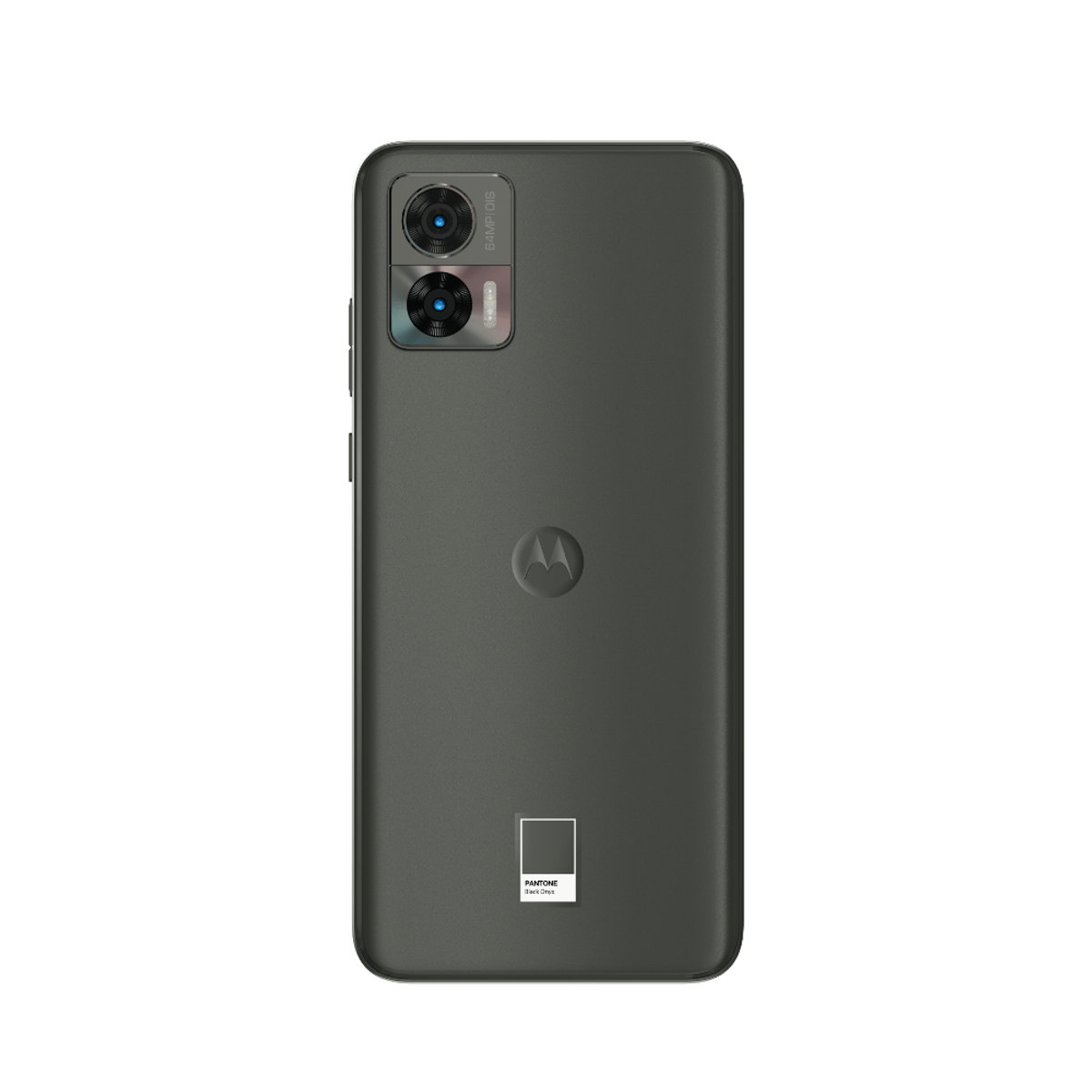 Achterkant van een donkergrijze smartphone met dubbele camera, Motorola-logo en Pantone-kleurlabel.